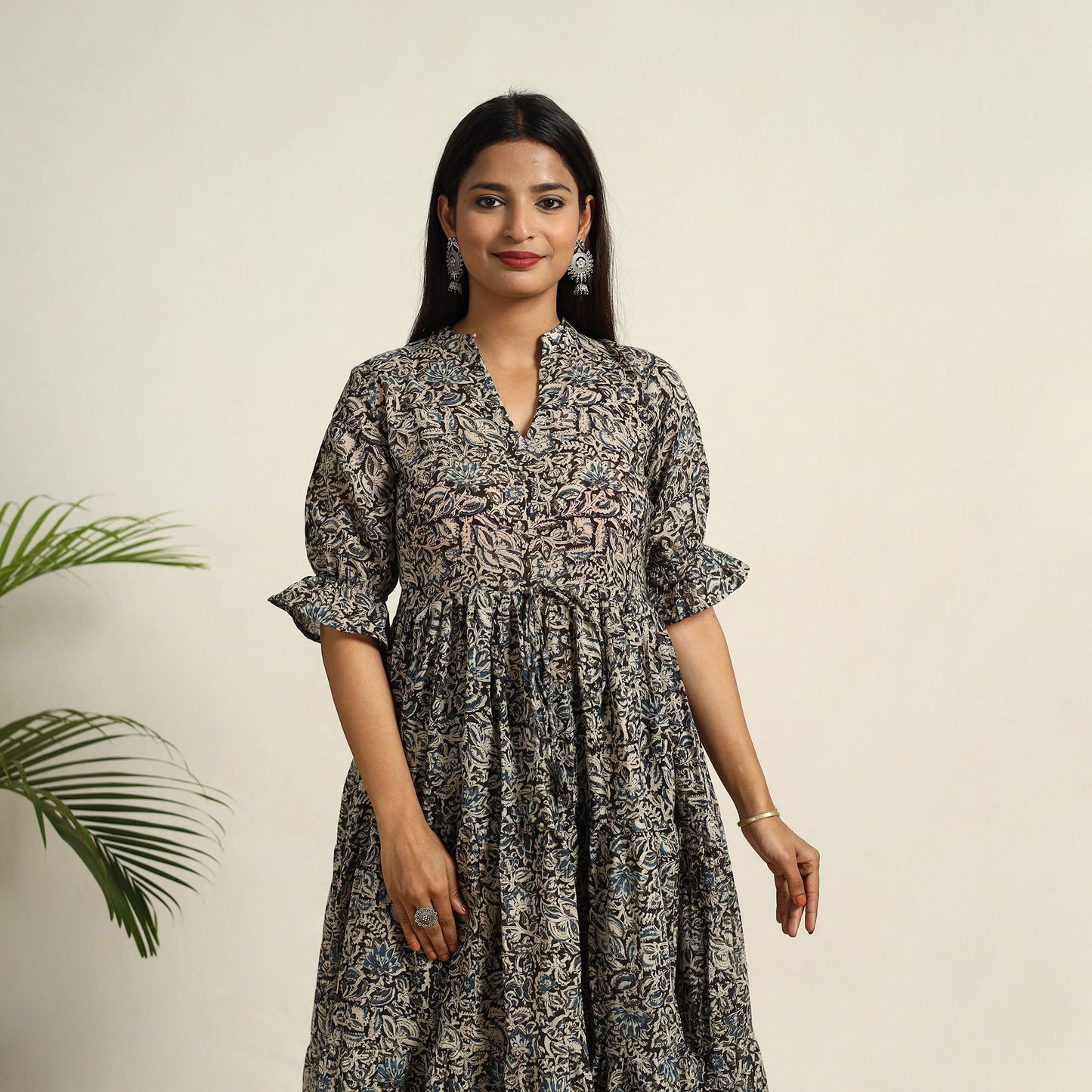 Pedana Block Print Mul Cotton Tiered Black Kalamkari Dress