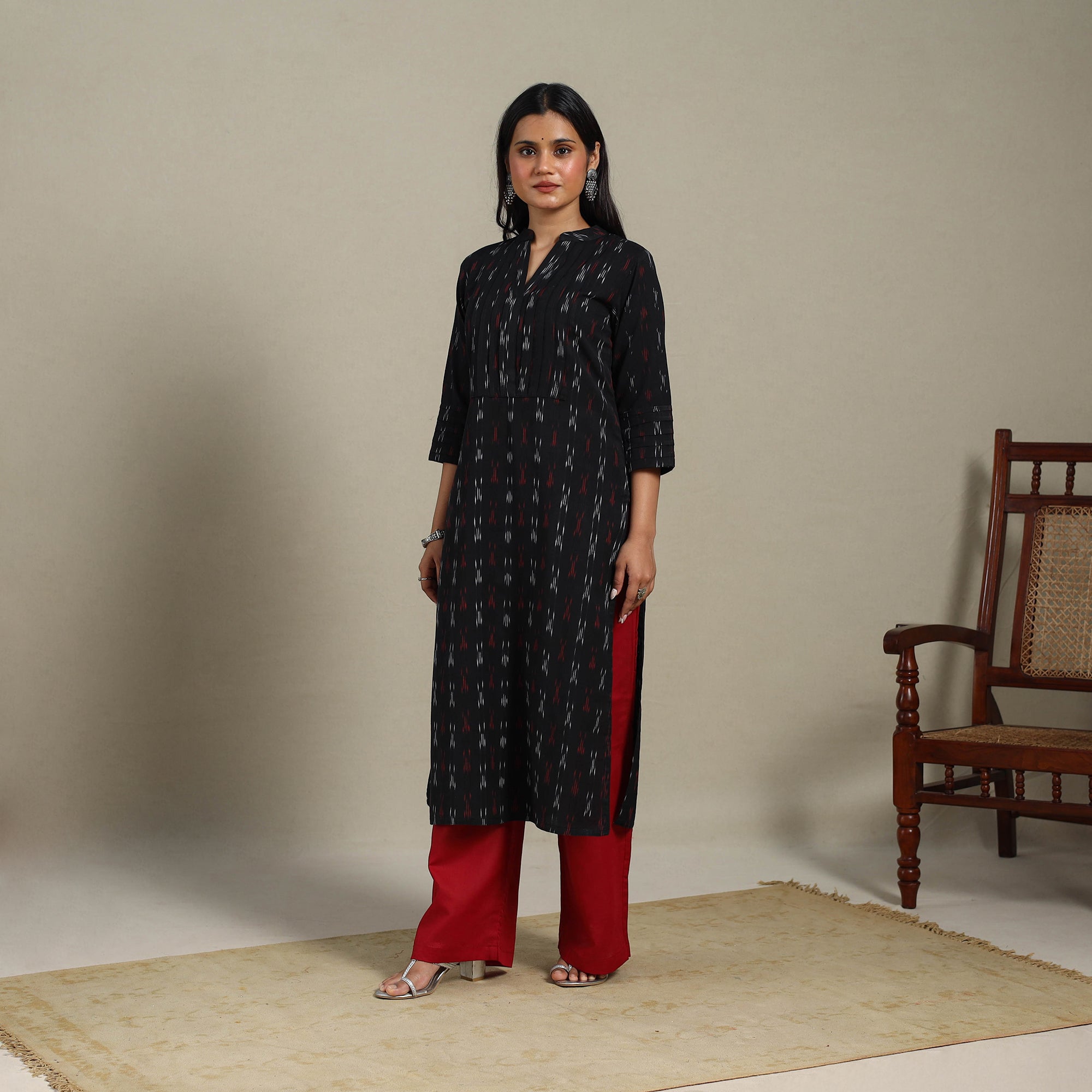 Grey - Cotton Flared Pochampally Ikat Kurta 17