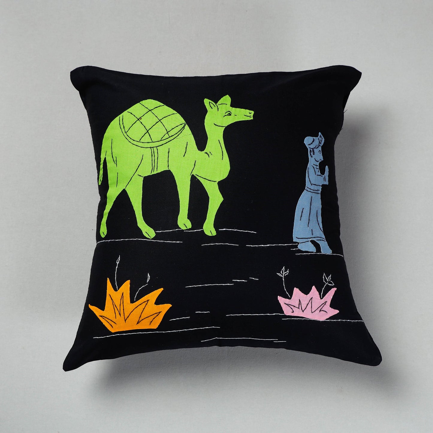 Black Pipli Applique Work Cotton Cushion Cover