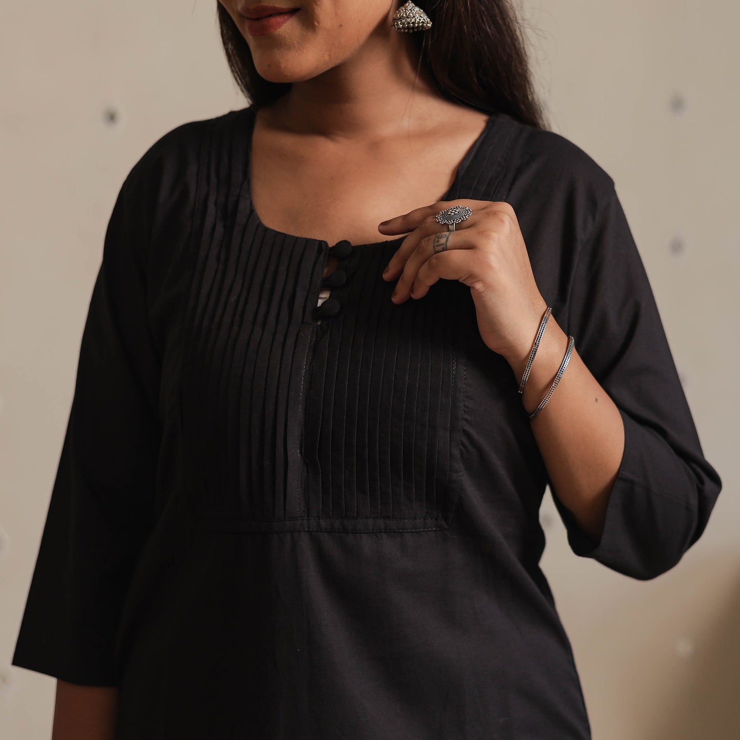 Plain Cotton Pintuck Long Straight Kurta for Women