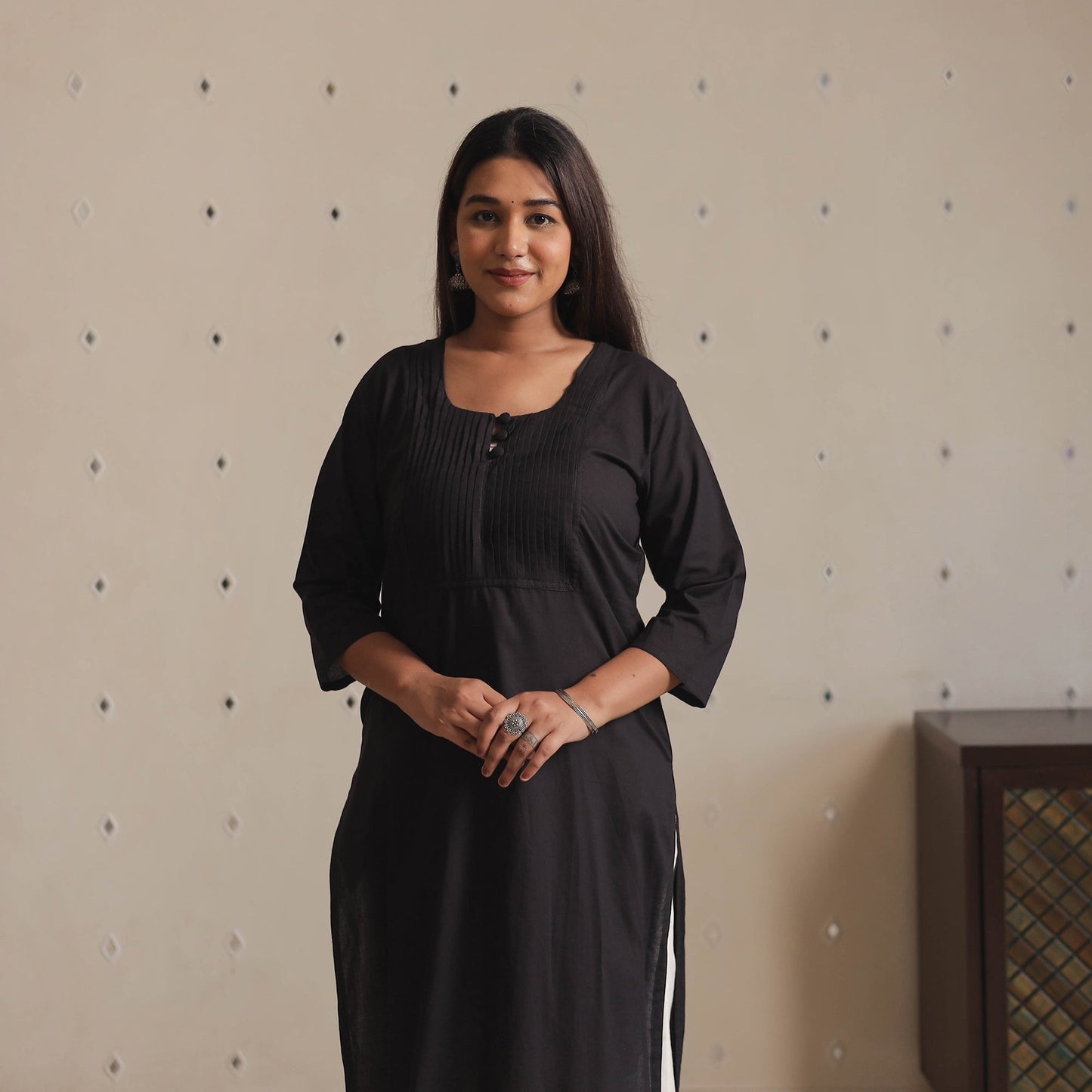Plain Cotton Pintuck Long Straight Kurta for Women