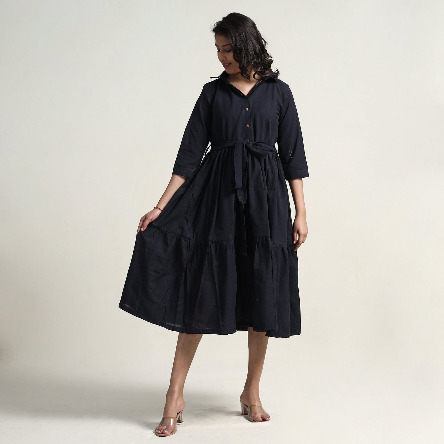 Plain Handloom Cotton Collared Neck Flare Dress