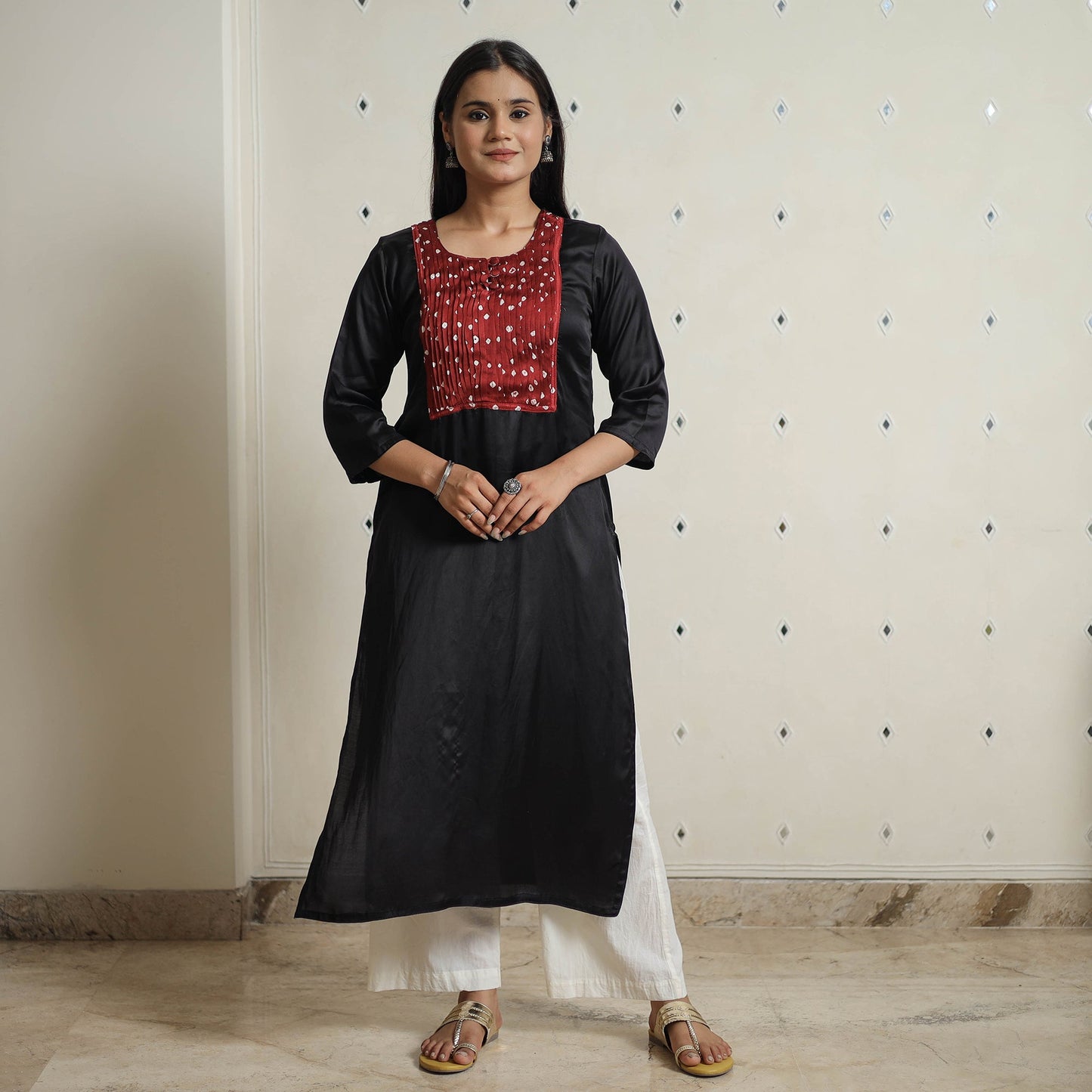 Plain Modal Silk Straight Kurta with Bandhani Pintuck Patchwork 05 Online at iTokri.com