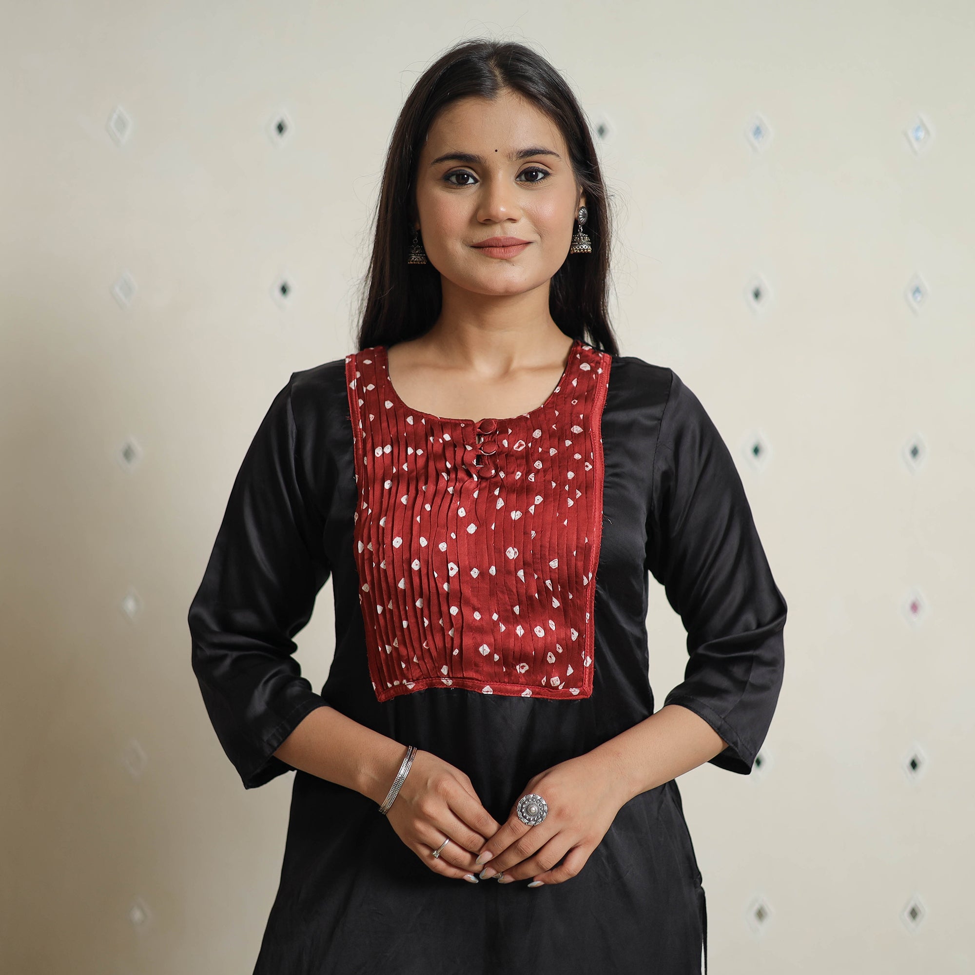 Black - Plain Modal Silk Straight Long Kurta with Bandhani Pintuck Patchwork 05