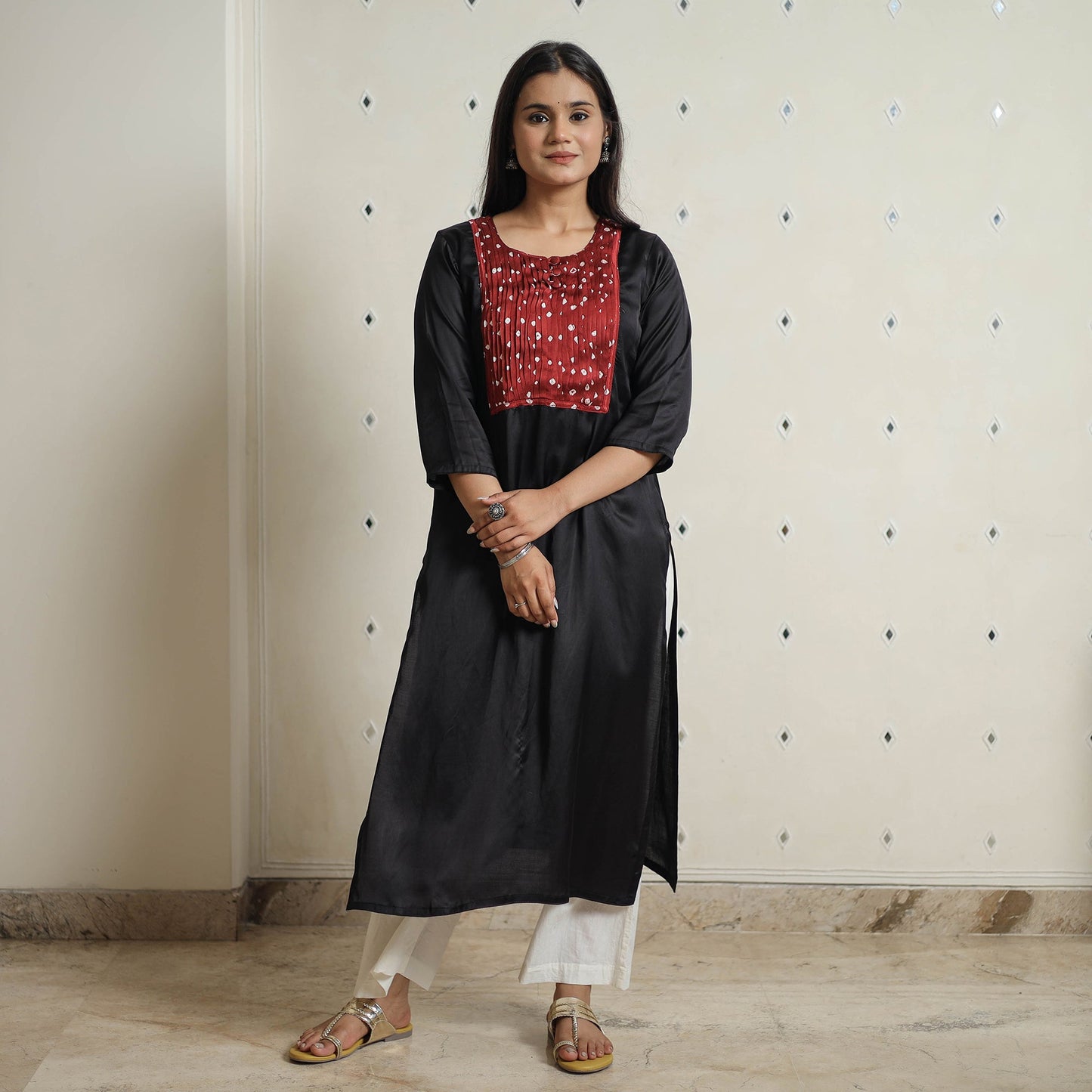Plain Modal Silk Straight Kurta with Bandhani Pintuck Patchwork 05 Online at iTokri.com