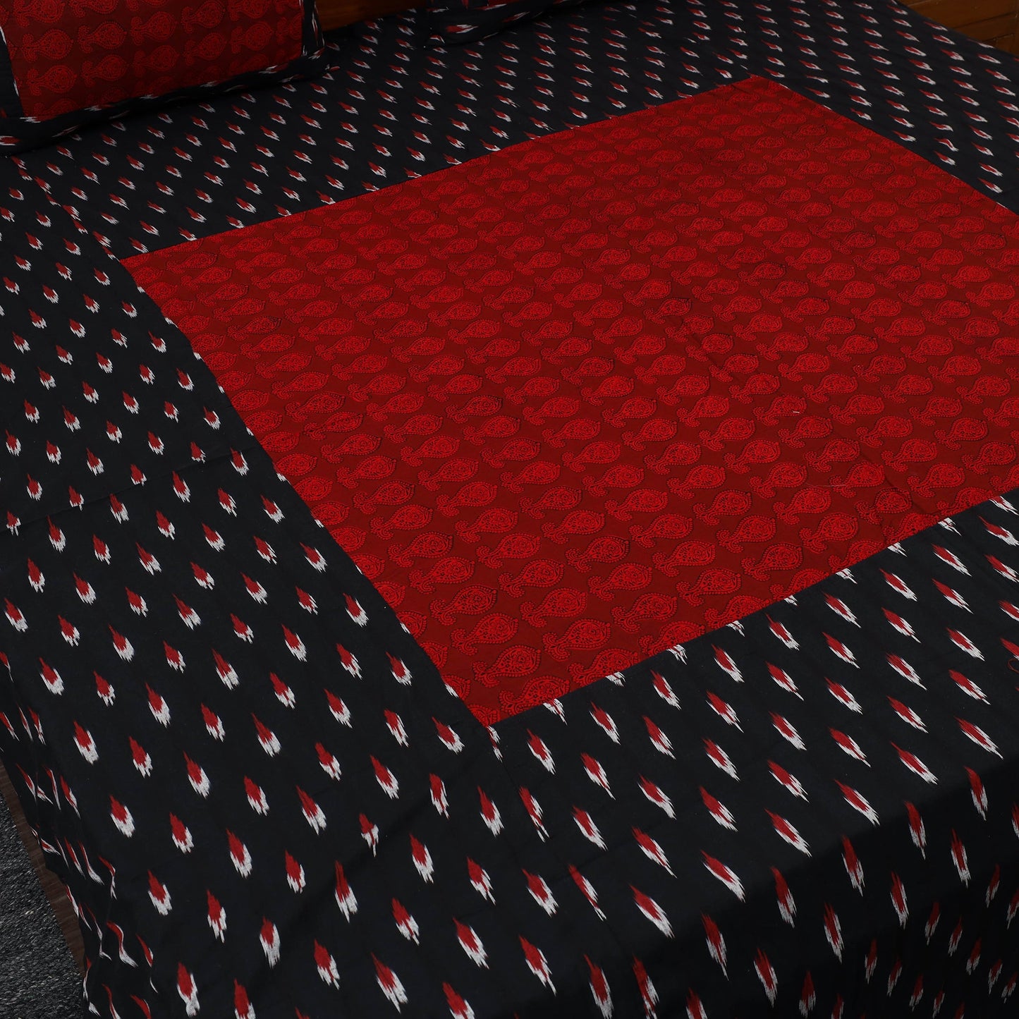 Black Pochampally Ikat with Bagh Patch Cotton Bedsheet Set