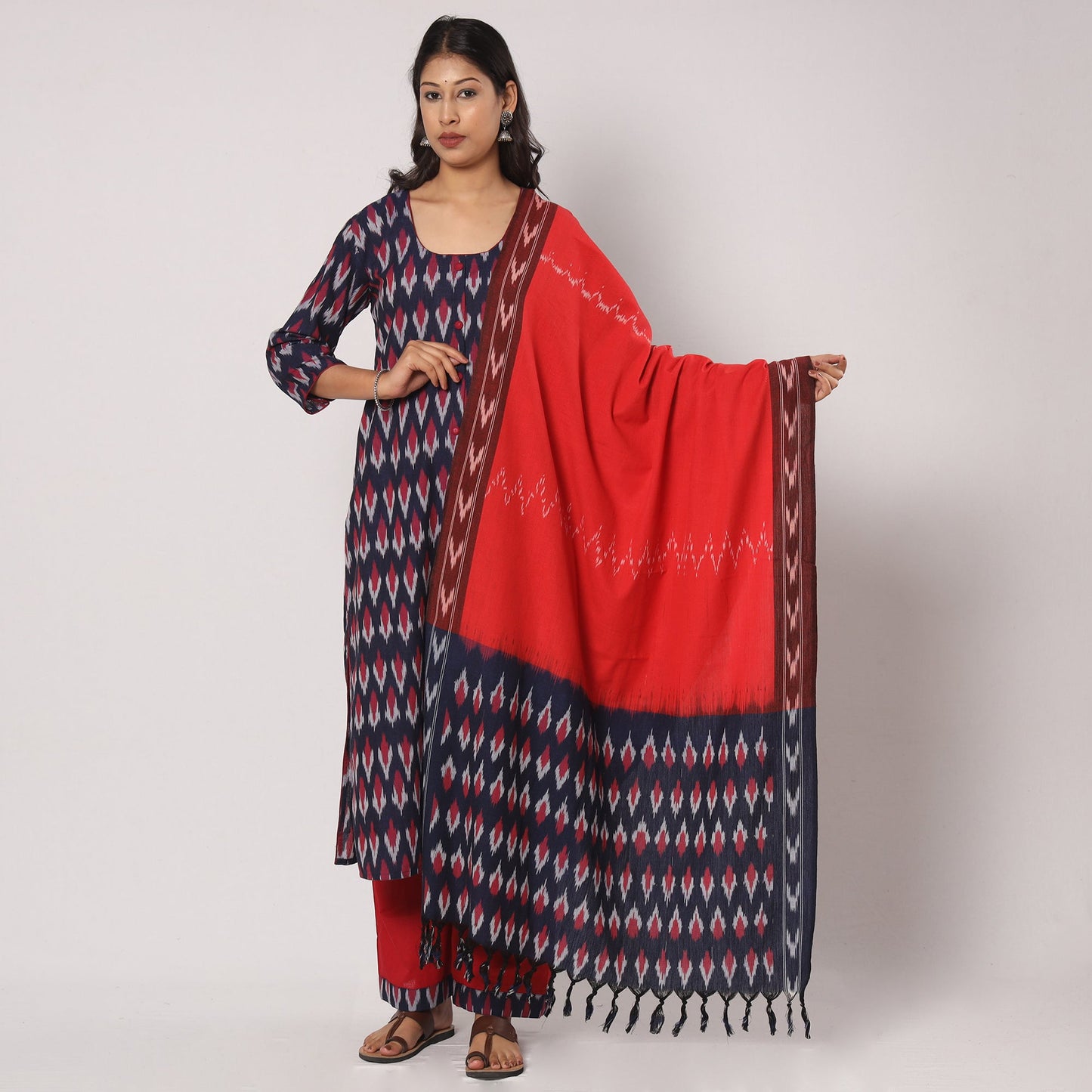 Pochampally Ikat Weave Cotton Kurta with Palazzo & Dupatta Set