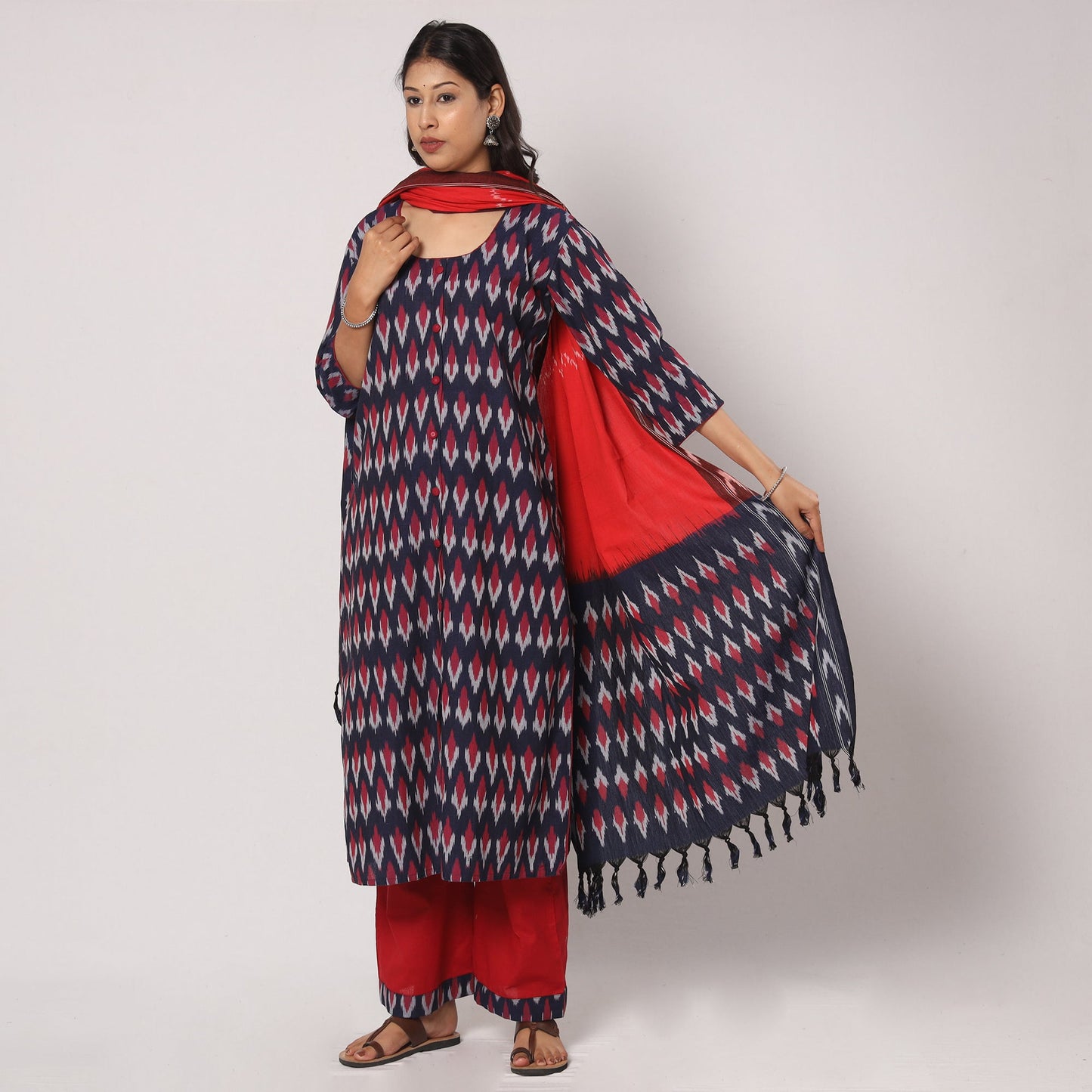 Pochampally Ikat Weave Cotton Kurta with Palazzo & Dupatta Set