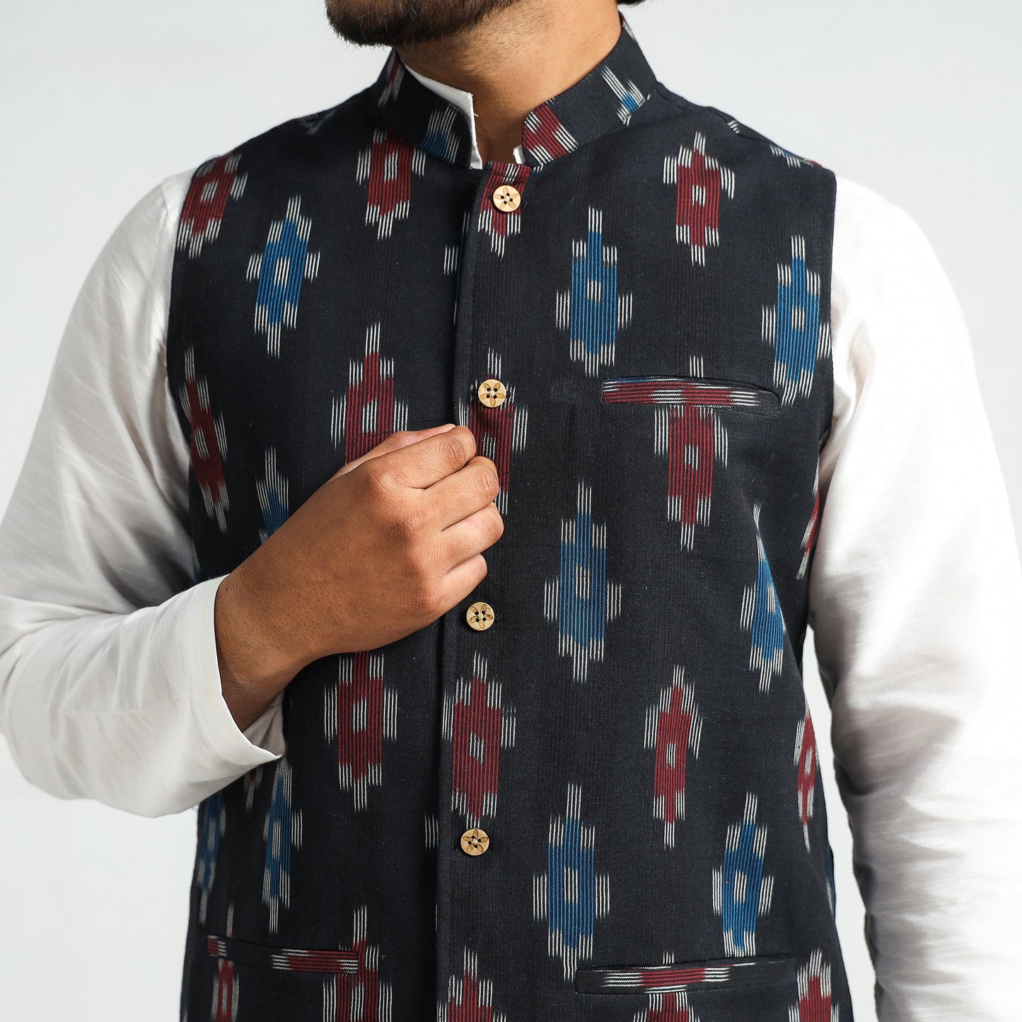 Black - pochampally ikat cotton men nehru jacket
