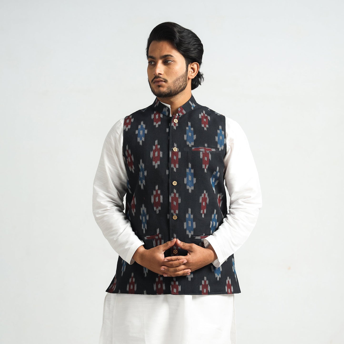 Black - pochampally ikat cotton men nehru jacket