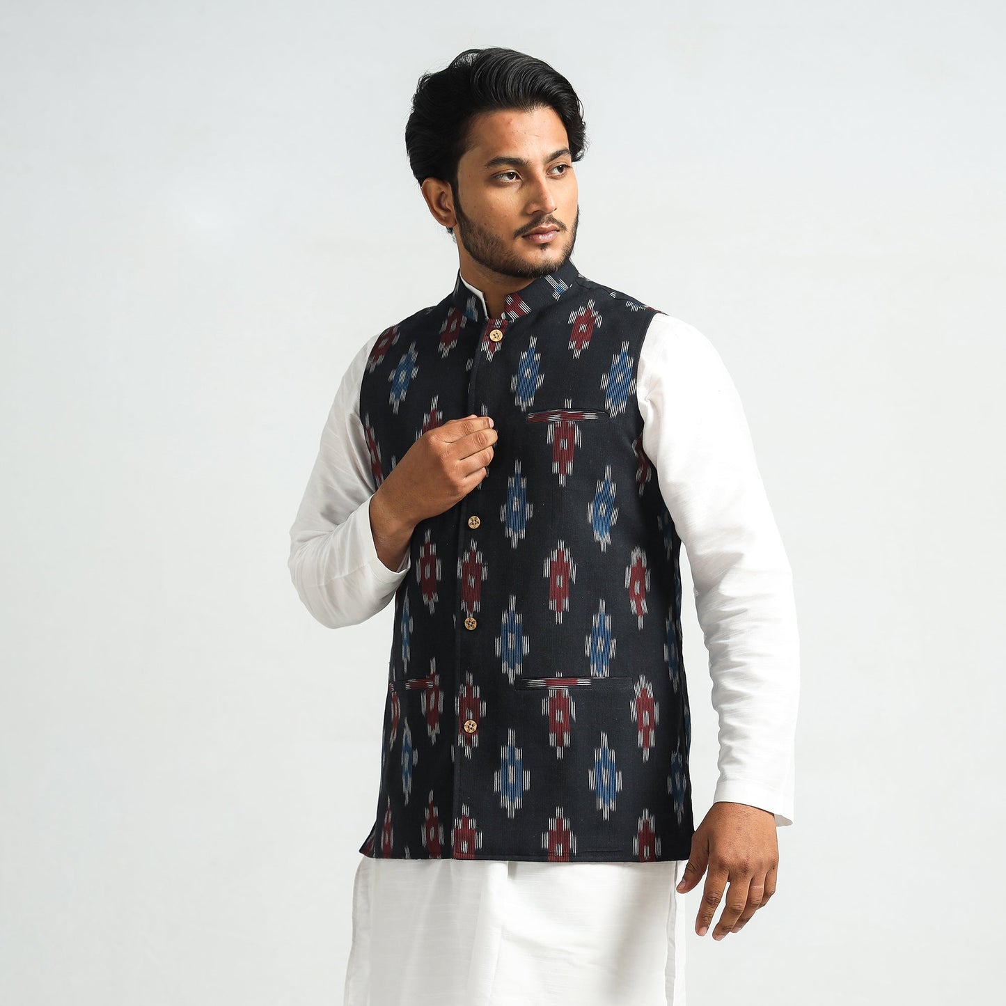 Black - pochampally ikat cotton men nehru jacket