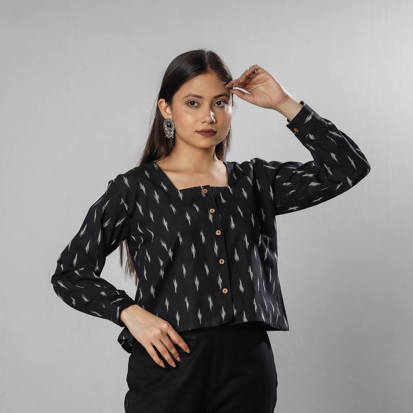 Black - pochampally ikat full sleeve cotton crop top