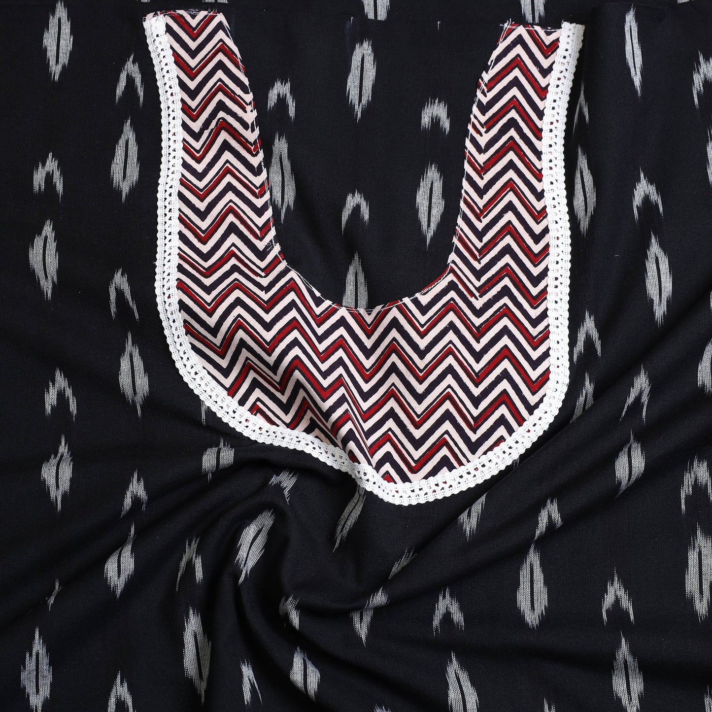 Black Pochampally Ikat Patchwork Cotton Kurta Material