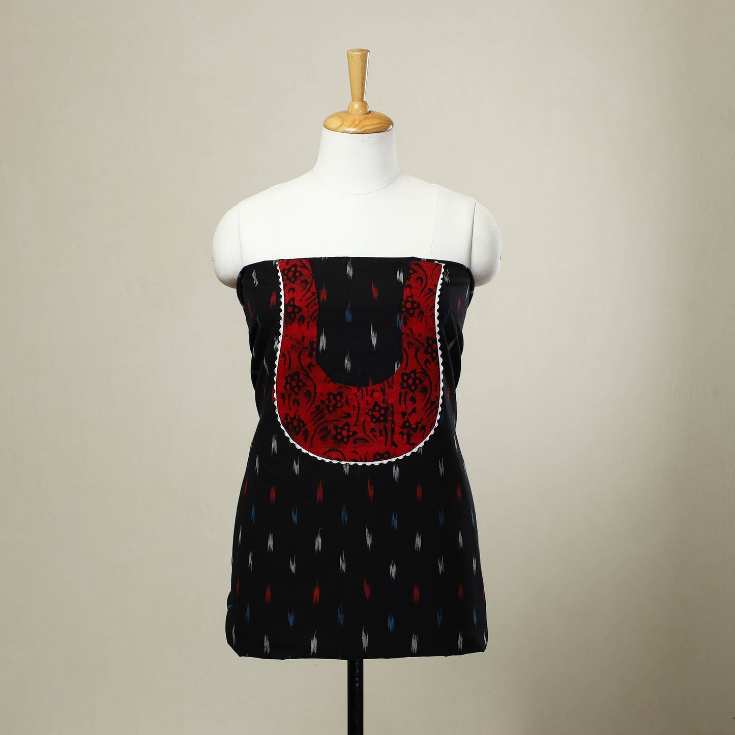 Black Pochampally Ikat Patchwork Cotton Kurta Material