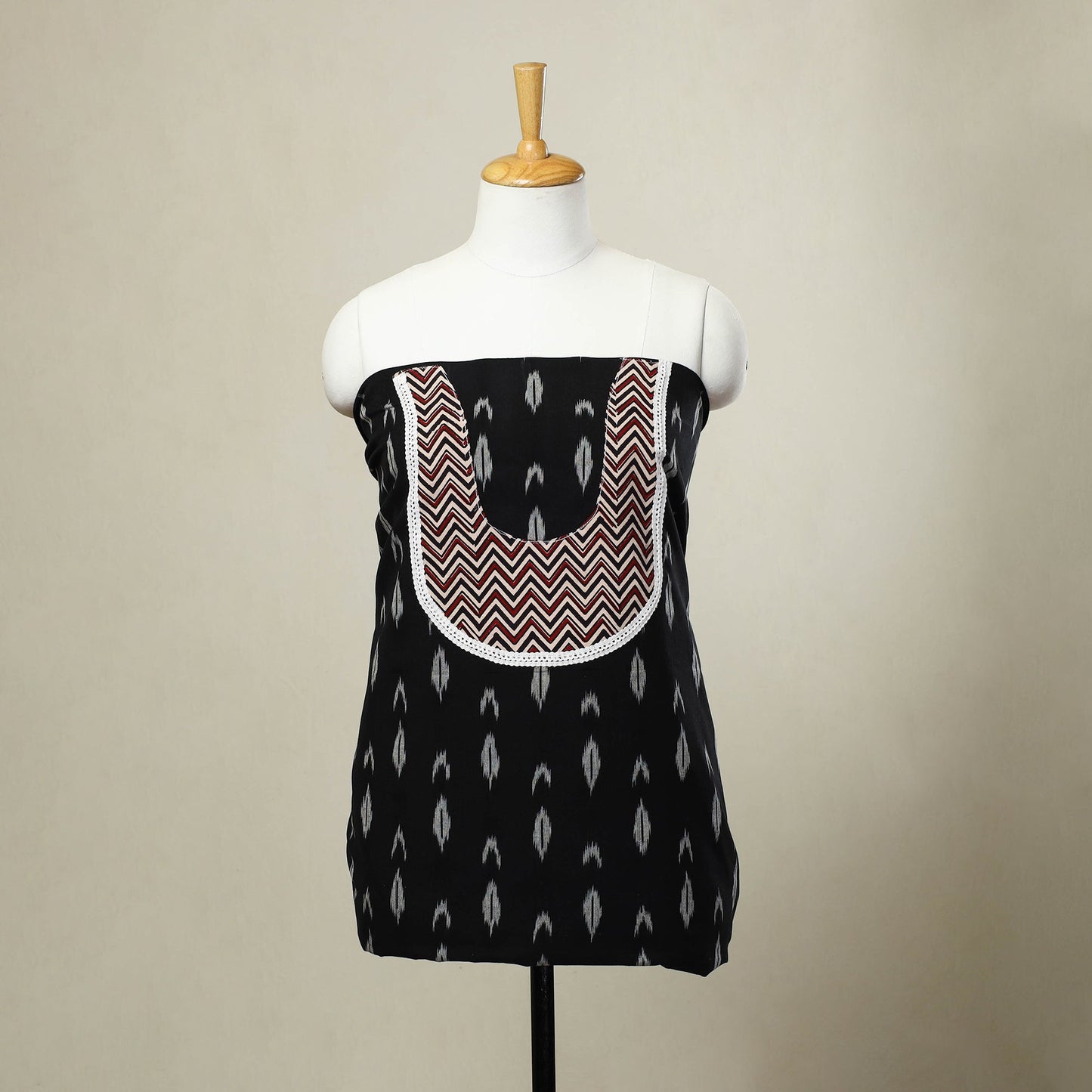 Black Pochampally Ikat Patchwork Cotton Kurta Material