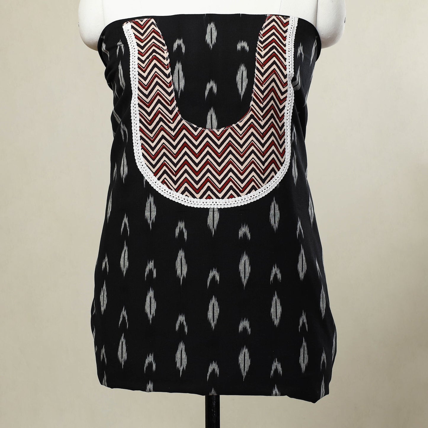 Black Pochampally Ikat Patchwork Cotton Kurta Material
