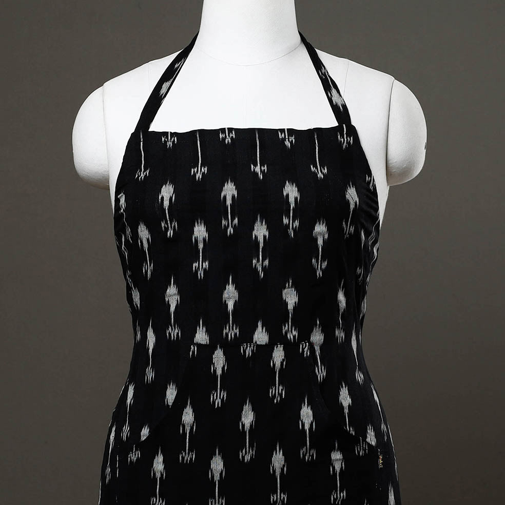 Black Pochampally Ikat Weave Cotton Apron with Pocket