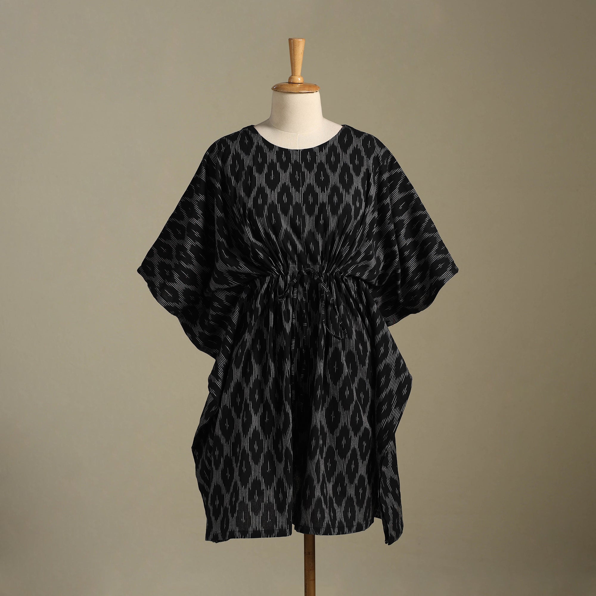 Black - Pochampally Ikat Cotton Kaftan with Tie-Up Waist (Short)