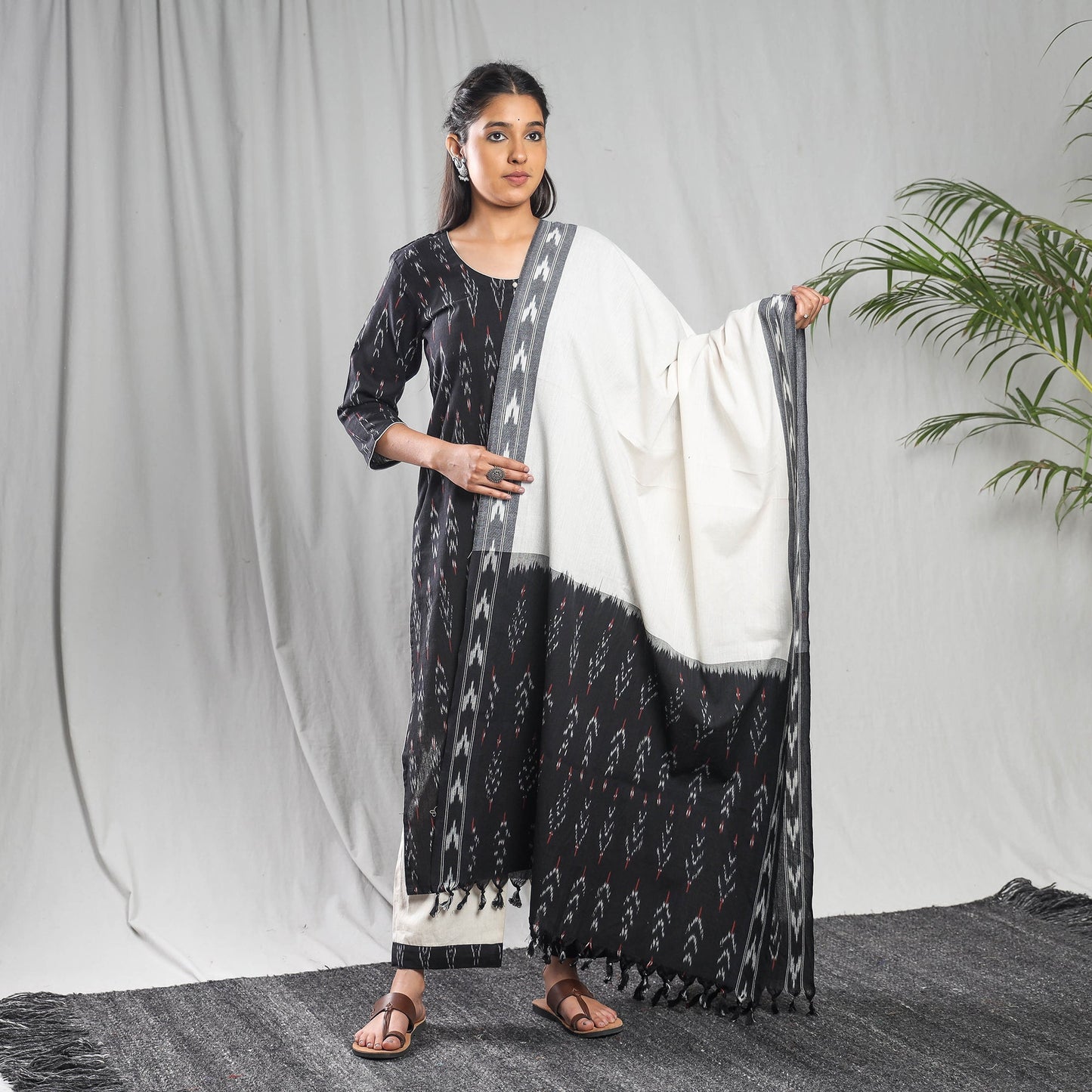 Pochampally Ikat Weave Cotton Kurta with Palazzo & Dupatta Set