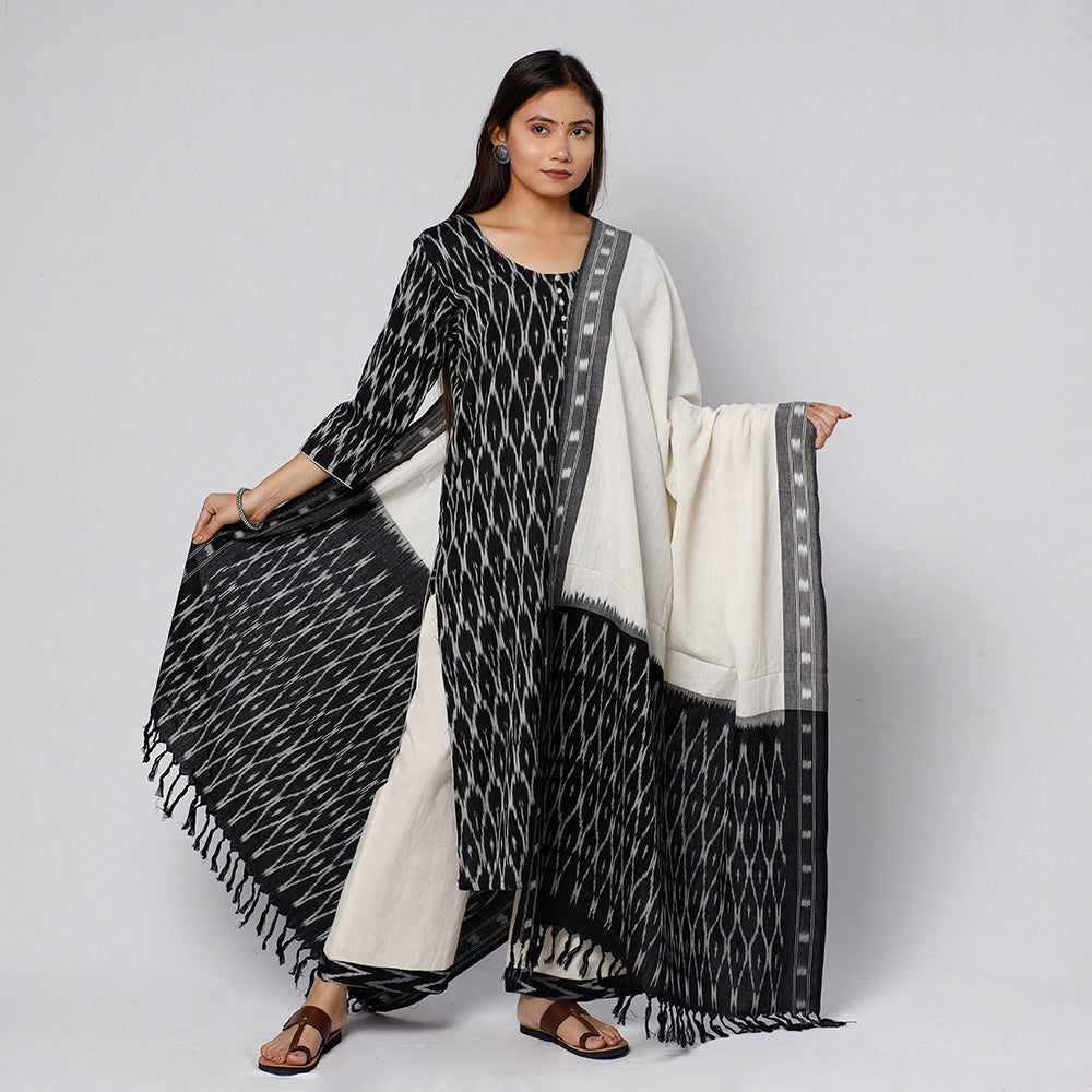 Pochampally Ikat Weave Cotton Kurta with Palazzo & Dupatta Set