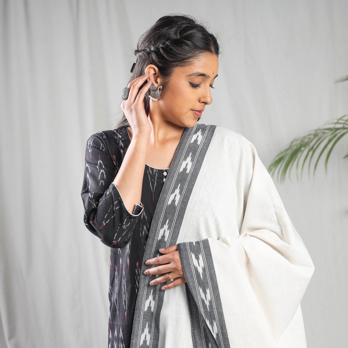 Pochampally Ikat Weave Cotton Kurta with Palazzo & Dupatta Set