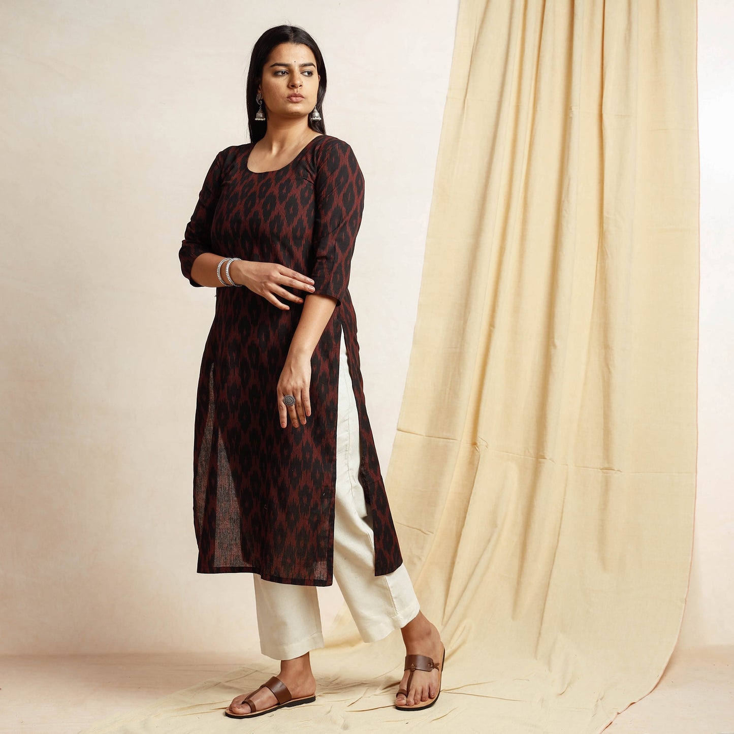 Black Pochampally Ikat Weave Cotton Long kurta for Women