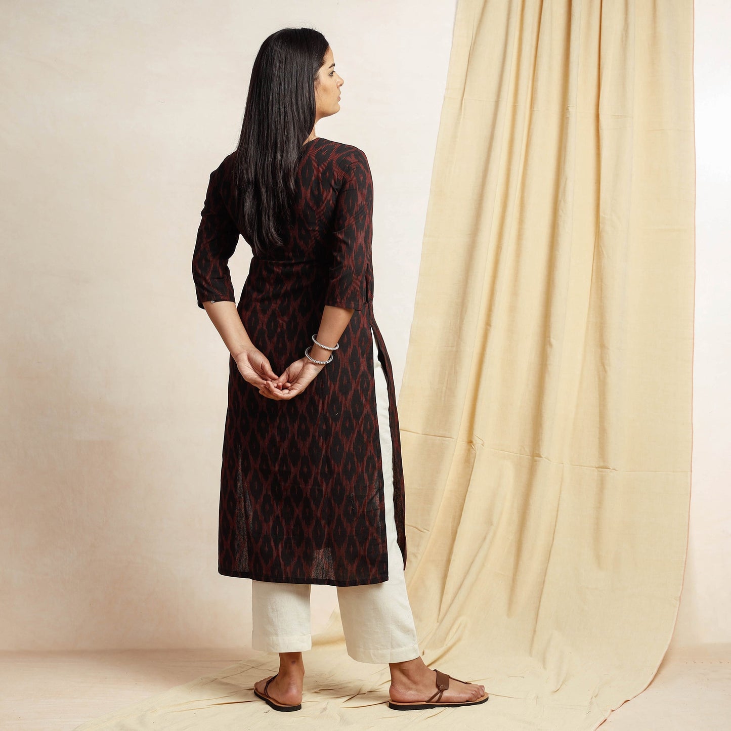Black Pochampally Ikat Weave Cotton Long kurta for Women