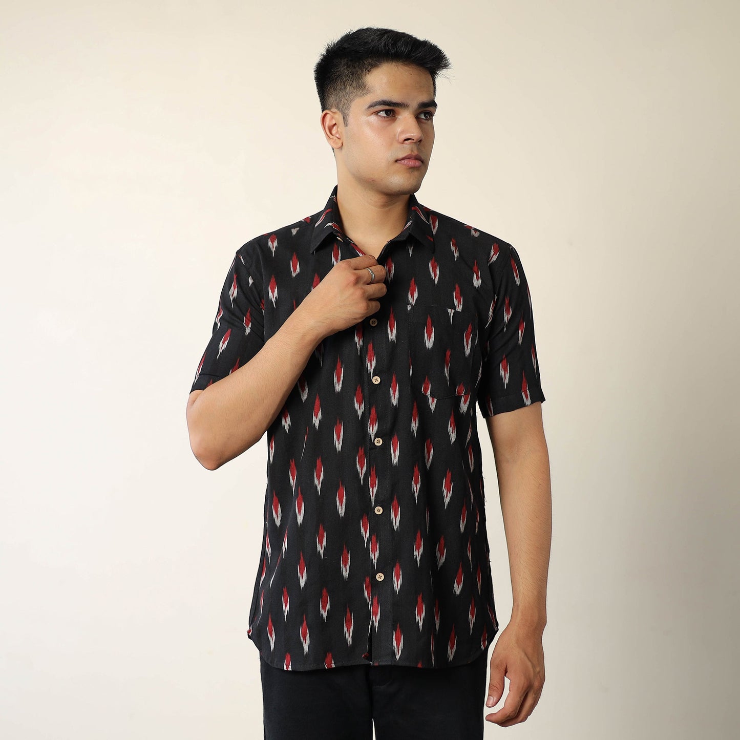 Black Pochampally Ikat Weave Cotton Men Half Sleeve Shirt