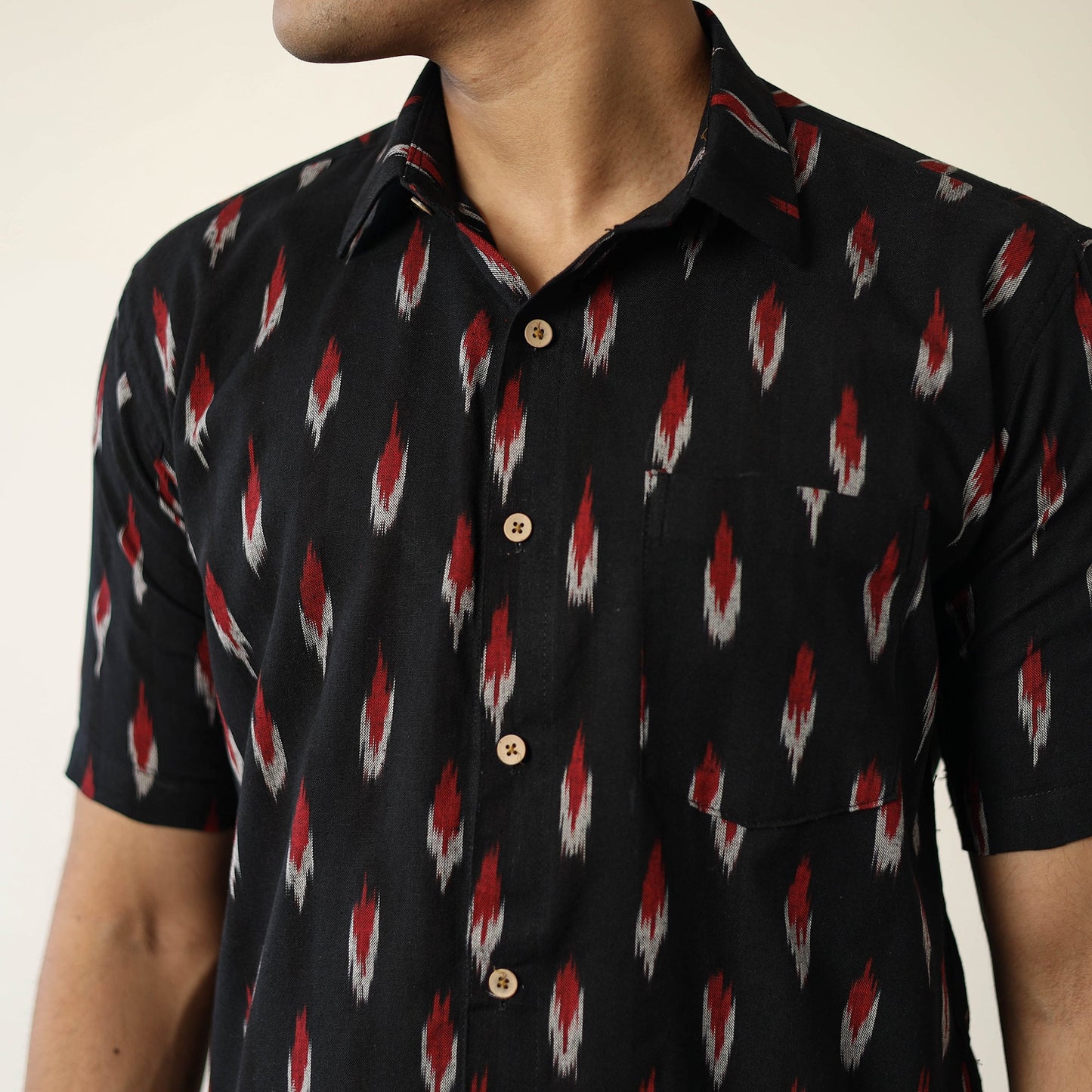 Black Pochampally Ikat Weave Cotton Men Half Sleeve Shirt