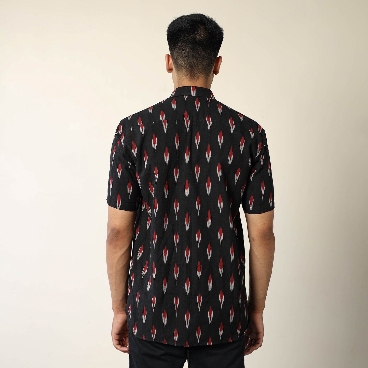 Black Pochampally Ikat Weave Cotton Men Half Sleeve Shirt