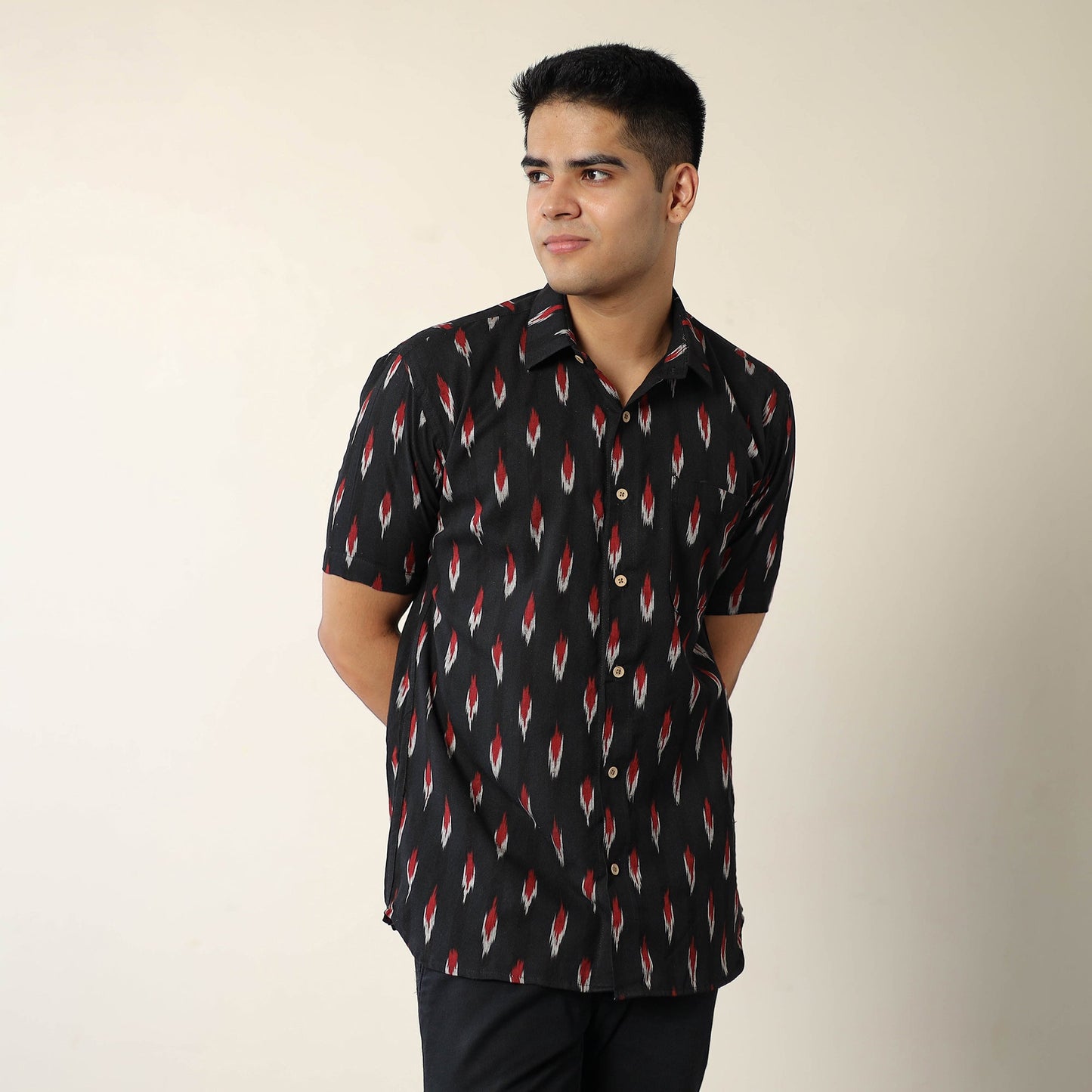 Black Pochampally Ikat Weave Cotton Men Half Sleeve Shirt
