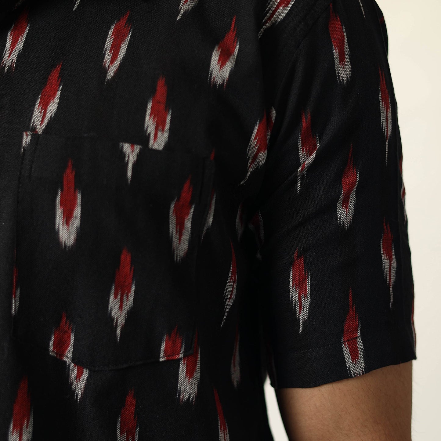 Black Pochampally Ikat Weave Cotton Men Half Sleeve Shirt