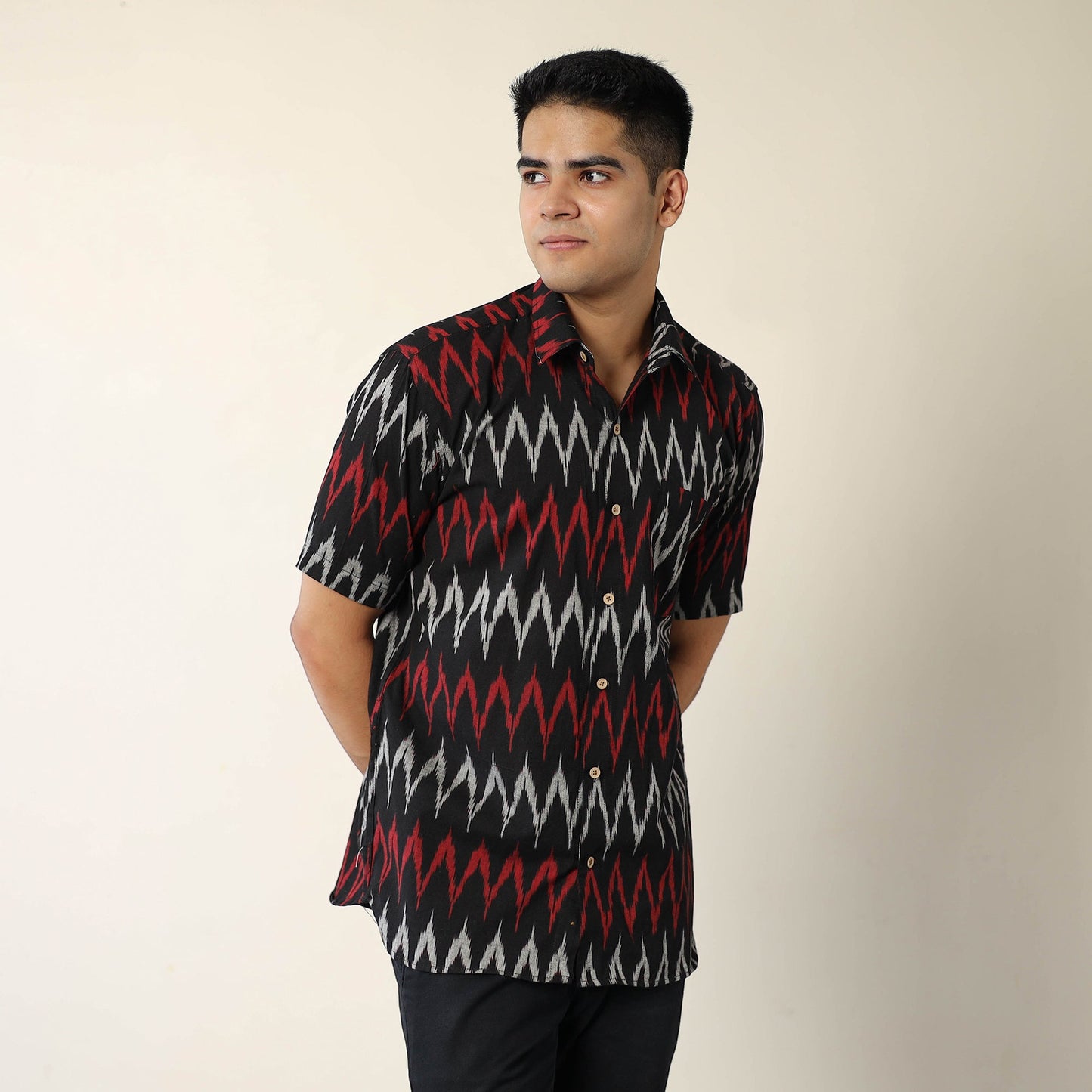 Black Pochampally Ikat Weave Cotton Men Half Sleeve Shirt