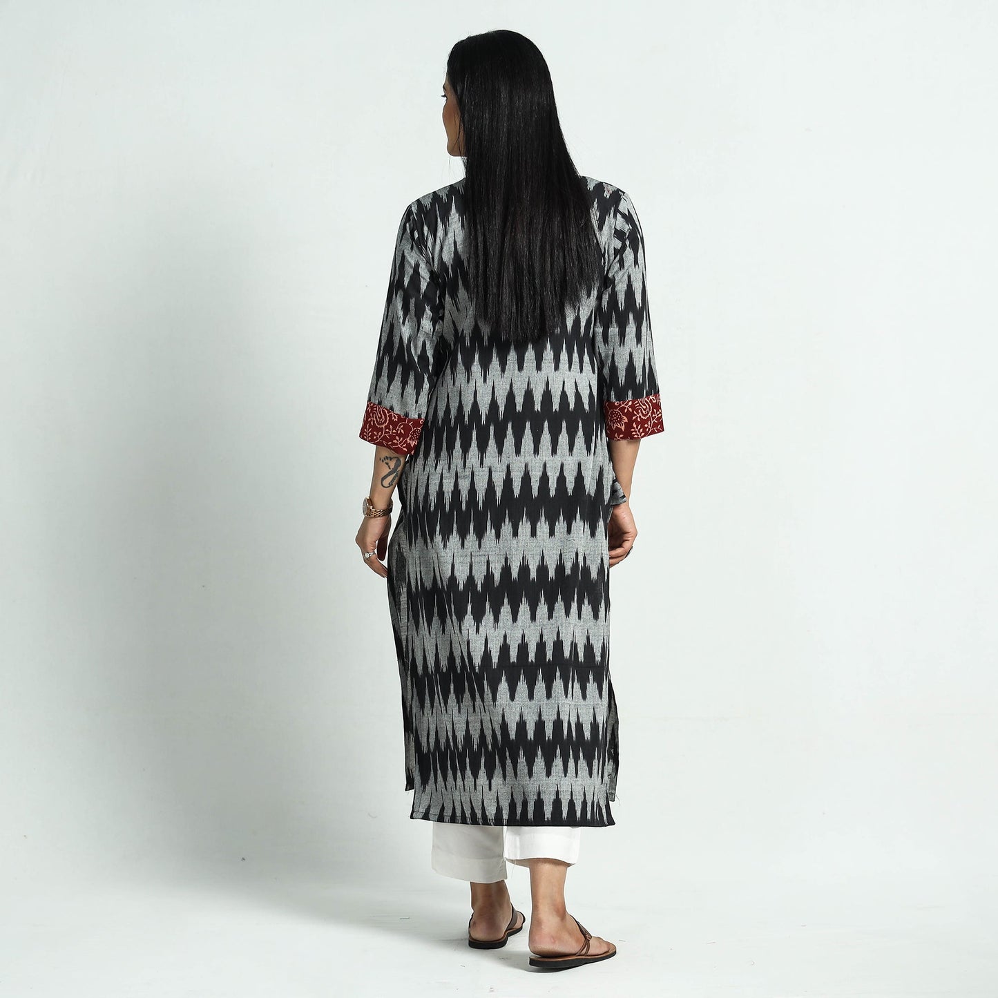 Pochampally Ikat Weave Modal Silk Patchwork Cotton Straight Kurta Online at iTokri.com