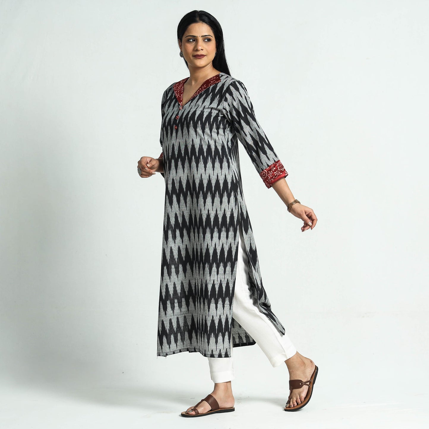 Pochampally Ikat Weave Modal Silk Patchwork Cotton Straight Kurta Online at iTokri.com