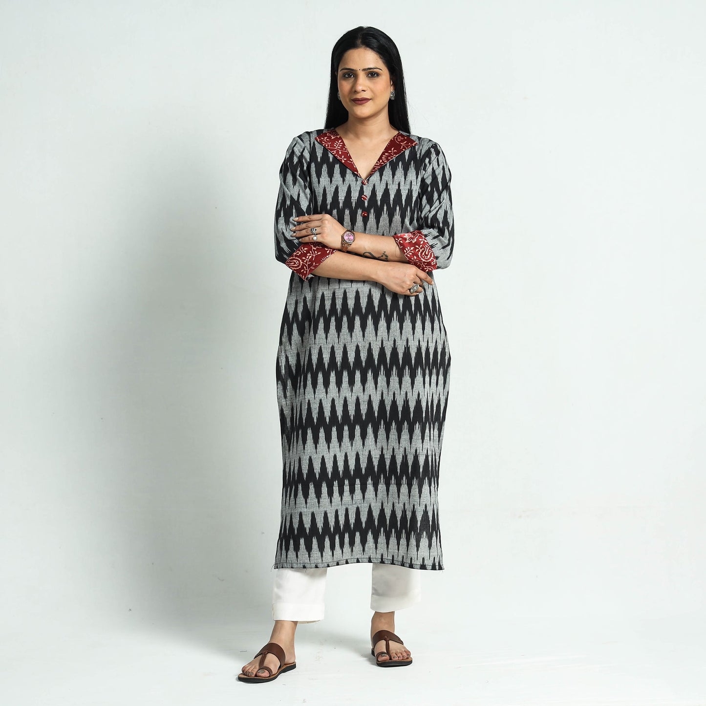 Pochampally Ikat Weave Modal Silk Patchwork Cotton Straight Kurta Online at iTokri.com