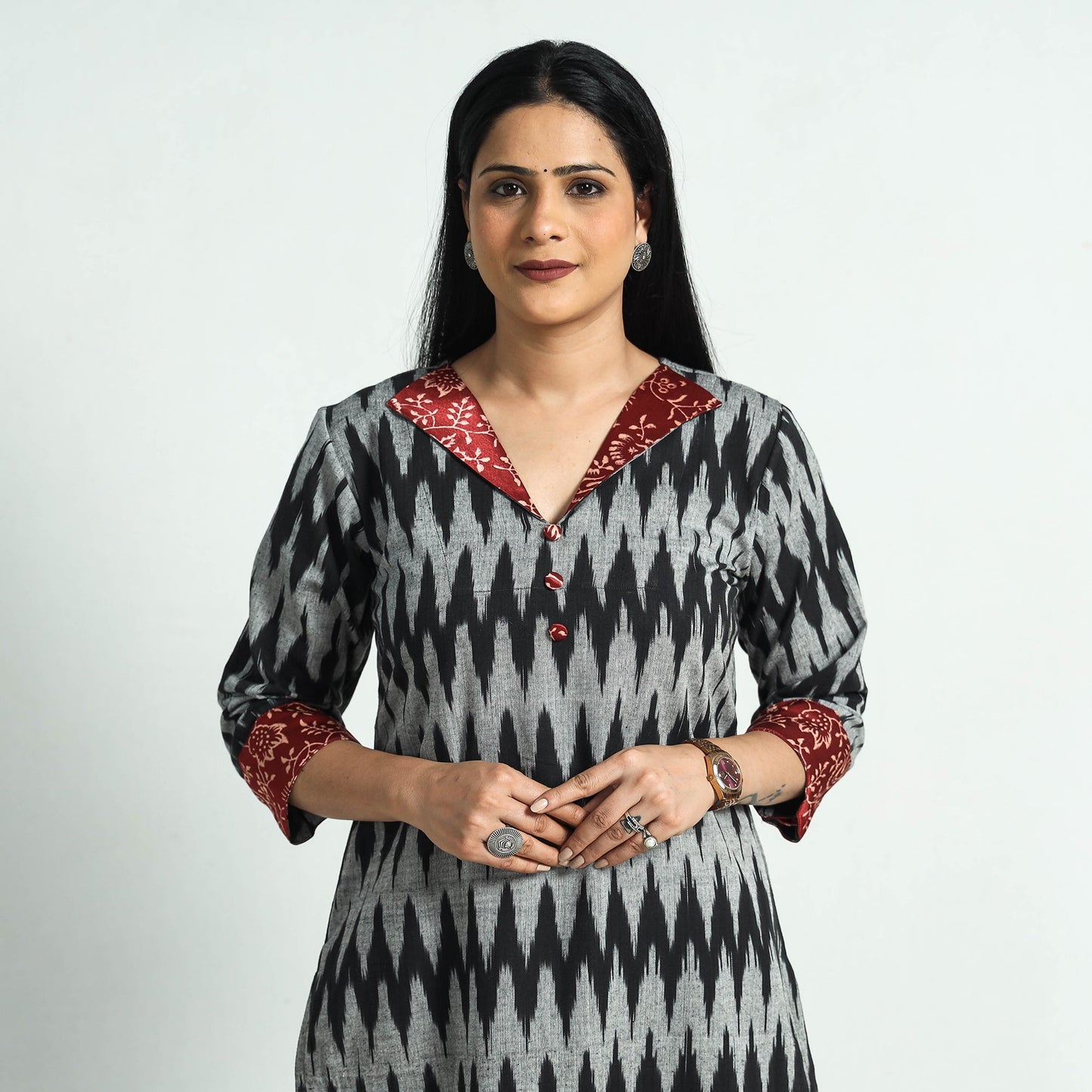 Pochampally Ikat Weave Modal Silk Patchwork Cotton Straight Kurta Online at iTokri.com