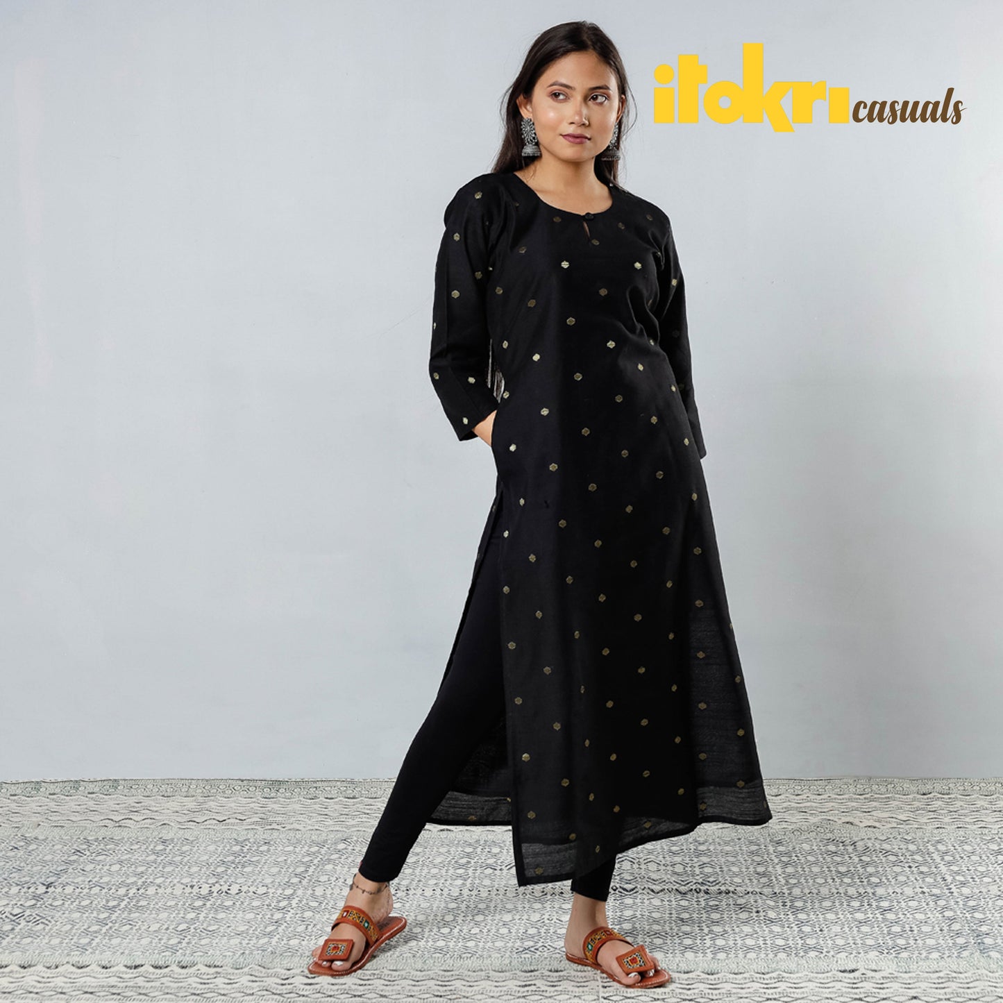 Polka Zari Butta Spun Dupion Silk Long Kurta for Women