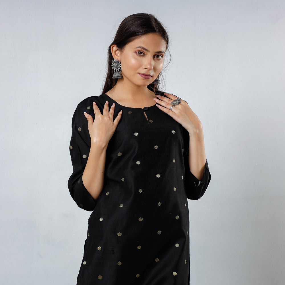 Polka Zari Butta Spun Dupion Silk Long Kurta for Women