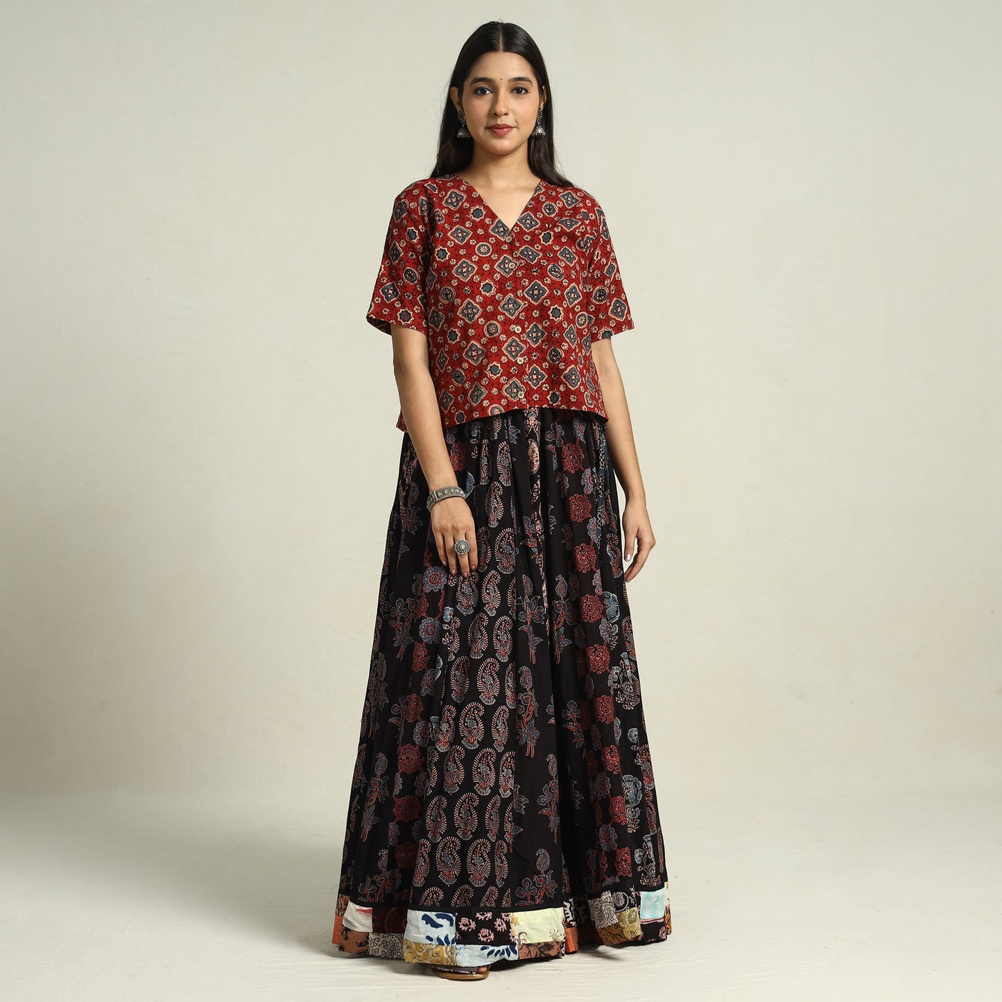 Black - printed 24 kali patchwork cotton long skirt 16