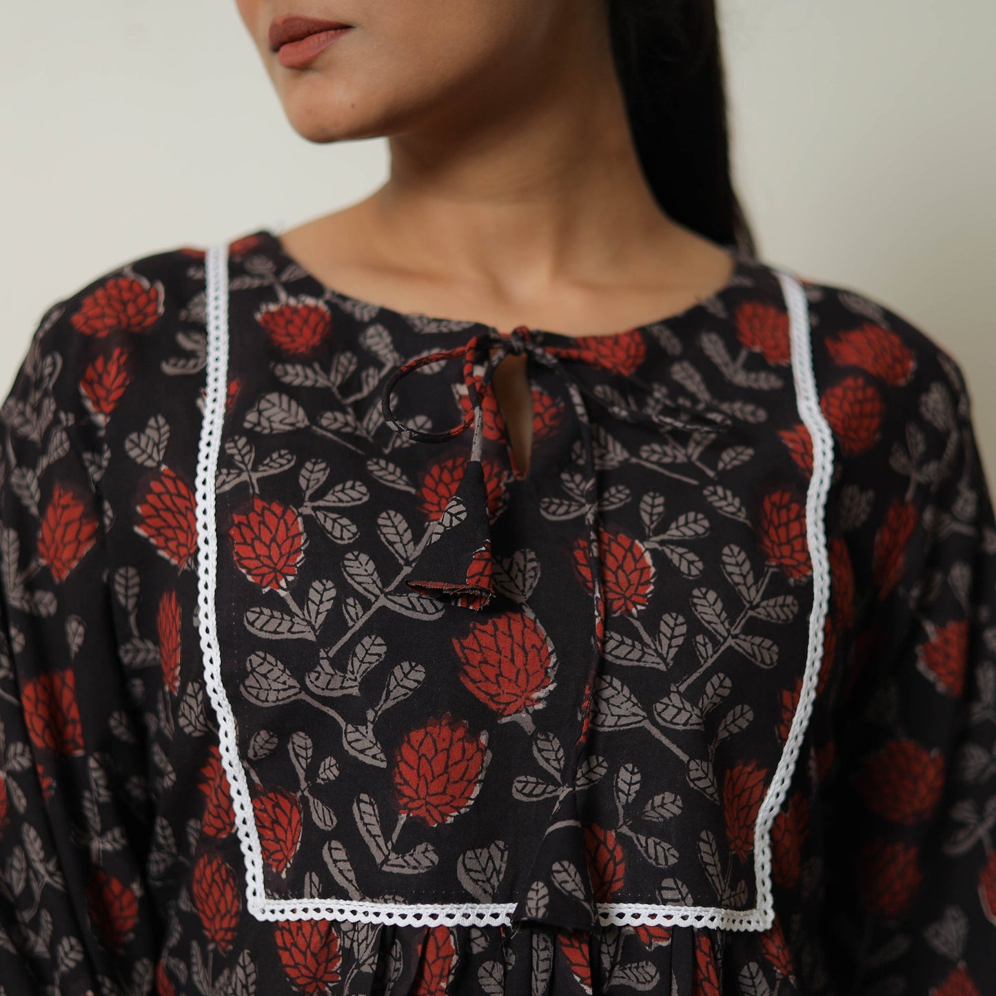 Black - printed cotton bagru co-ord set with lace work 02