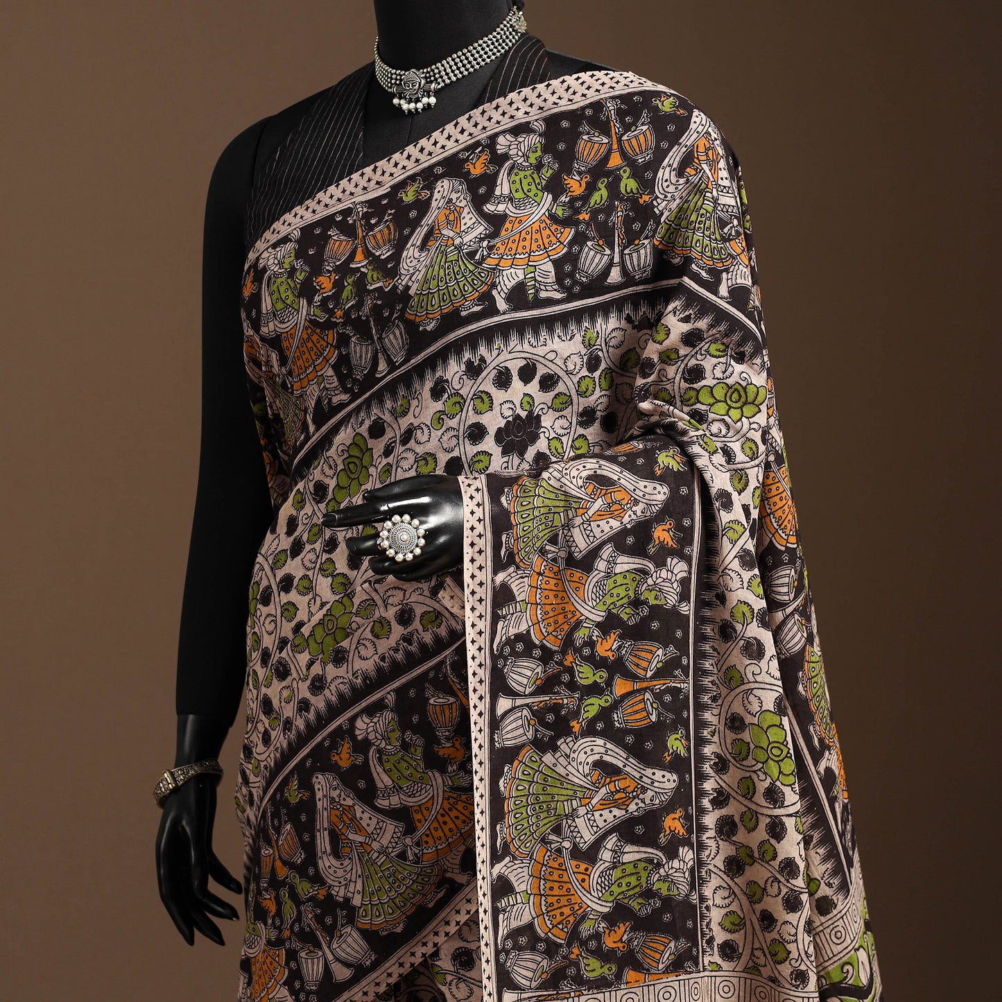 Black - printed cotton kalamkari saree 12 - handcrafted