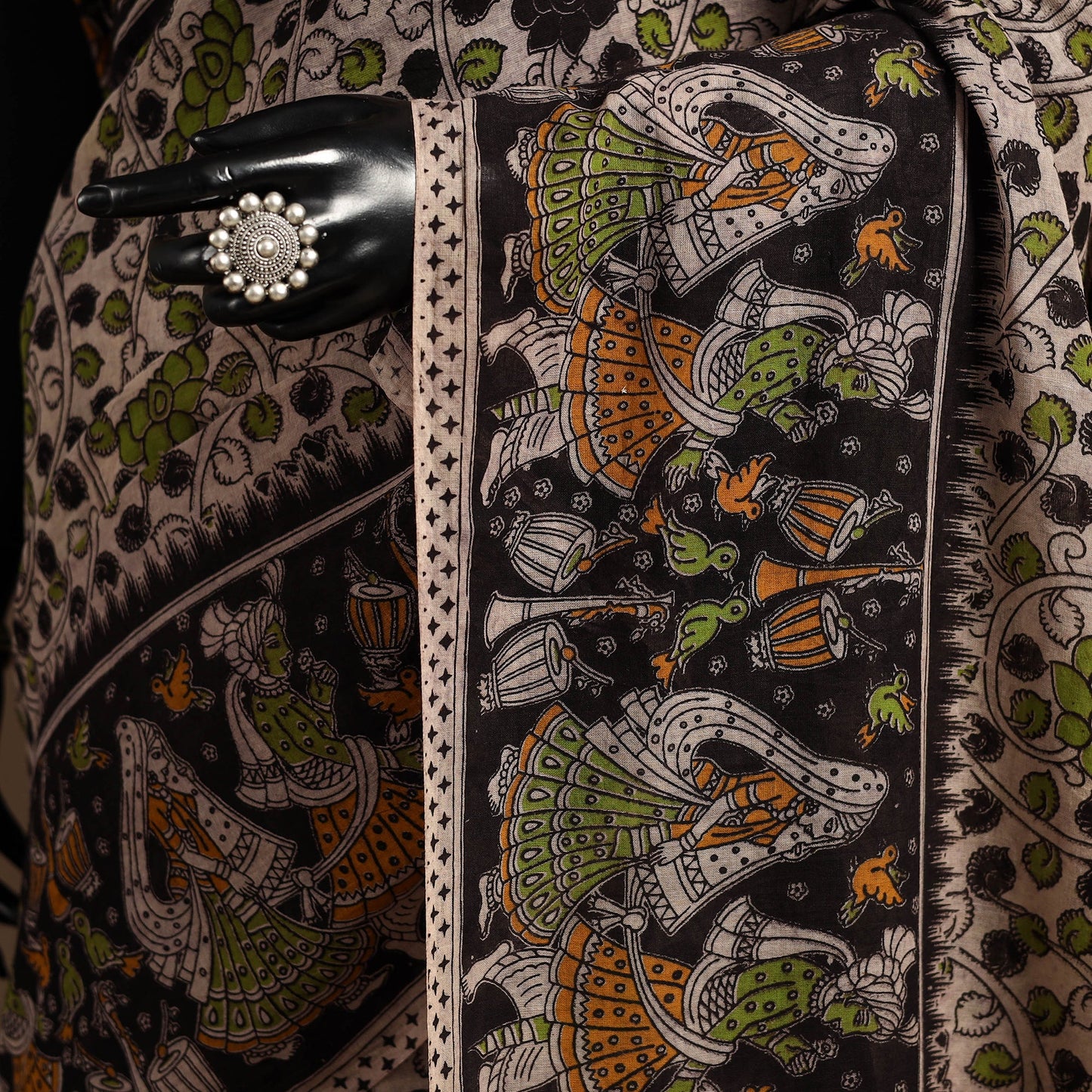 Black - printed cotton kalamkari saree 12 - handcrafted