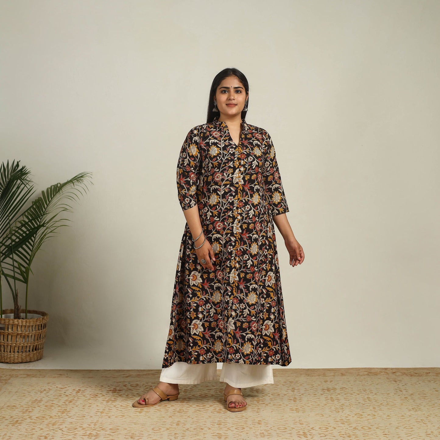 Buy Black Printed Cotton A-Line Kalamkari Kurta For Women