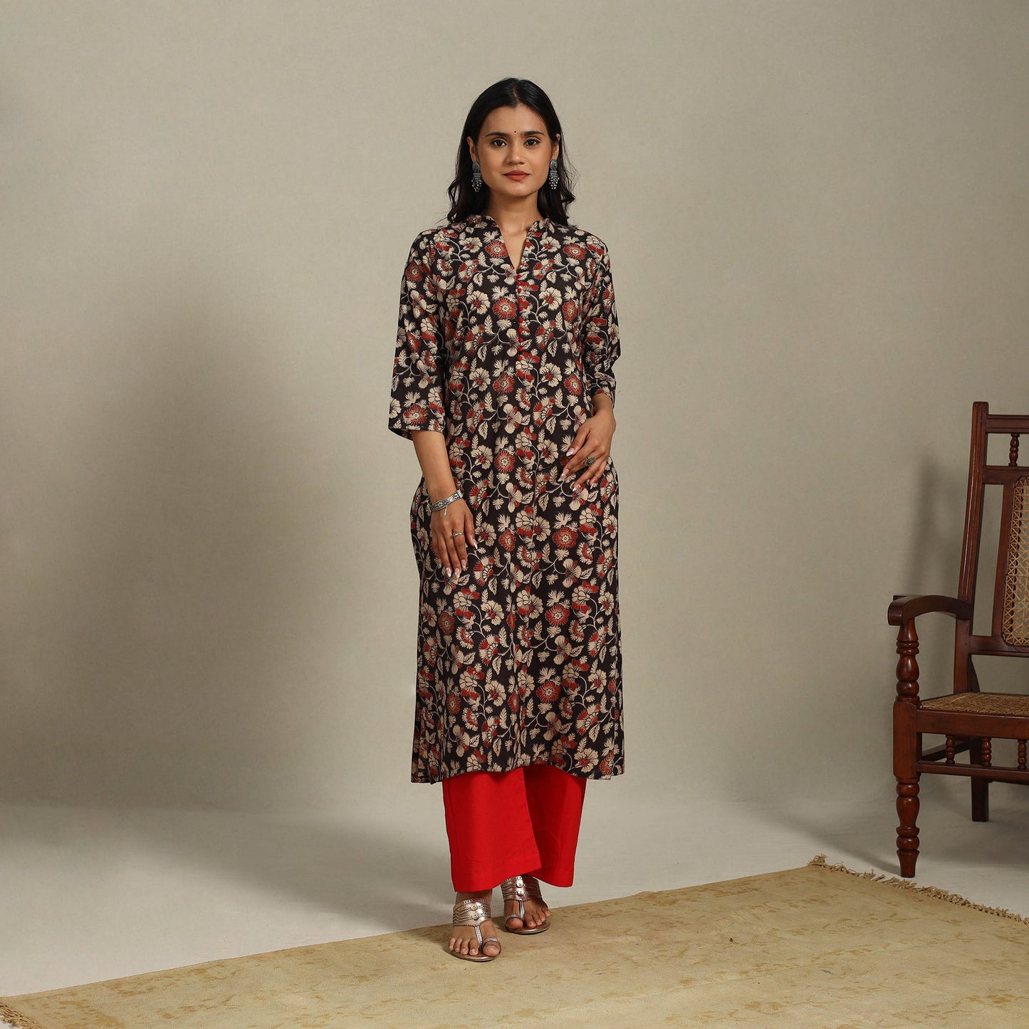 Black Printed Cotton Straight Kalamkari Kurta