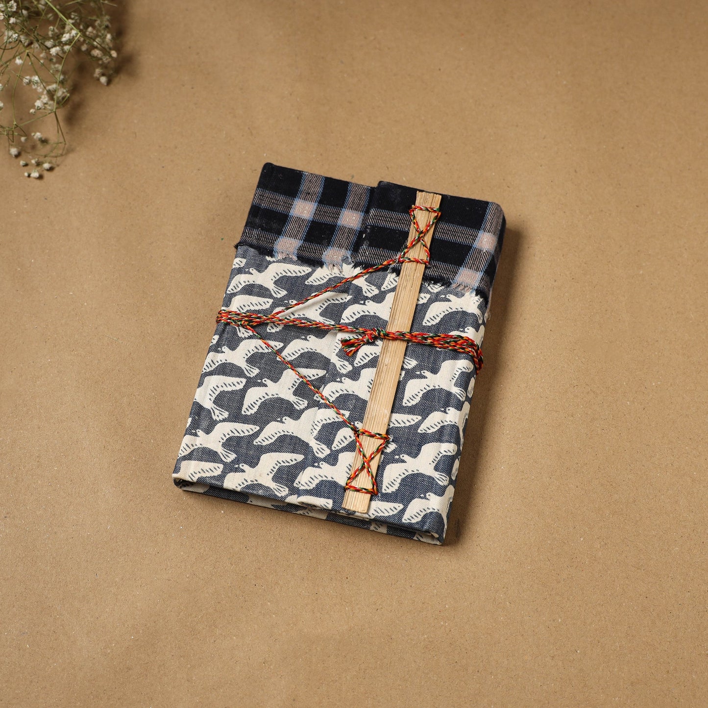 Printed fabric cover handmade paper notebook with thread