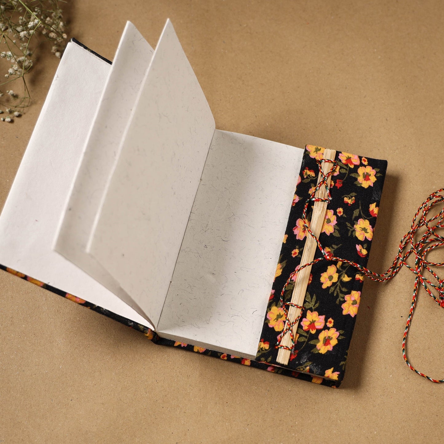 Printed fabric cover handmade paper notebook with thread