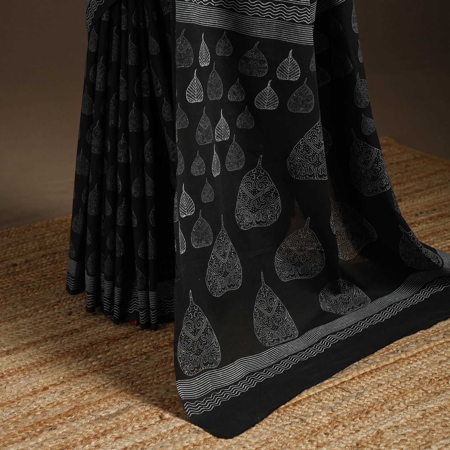 Black - printed mul cotton sanganeri saree - handcrafted