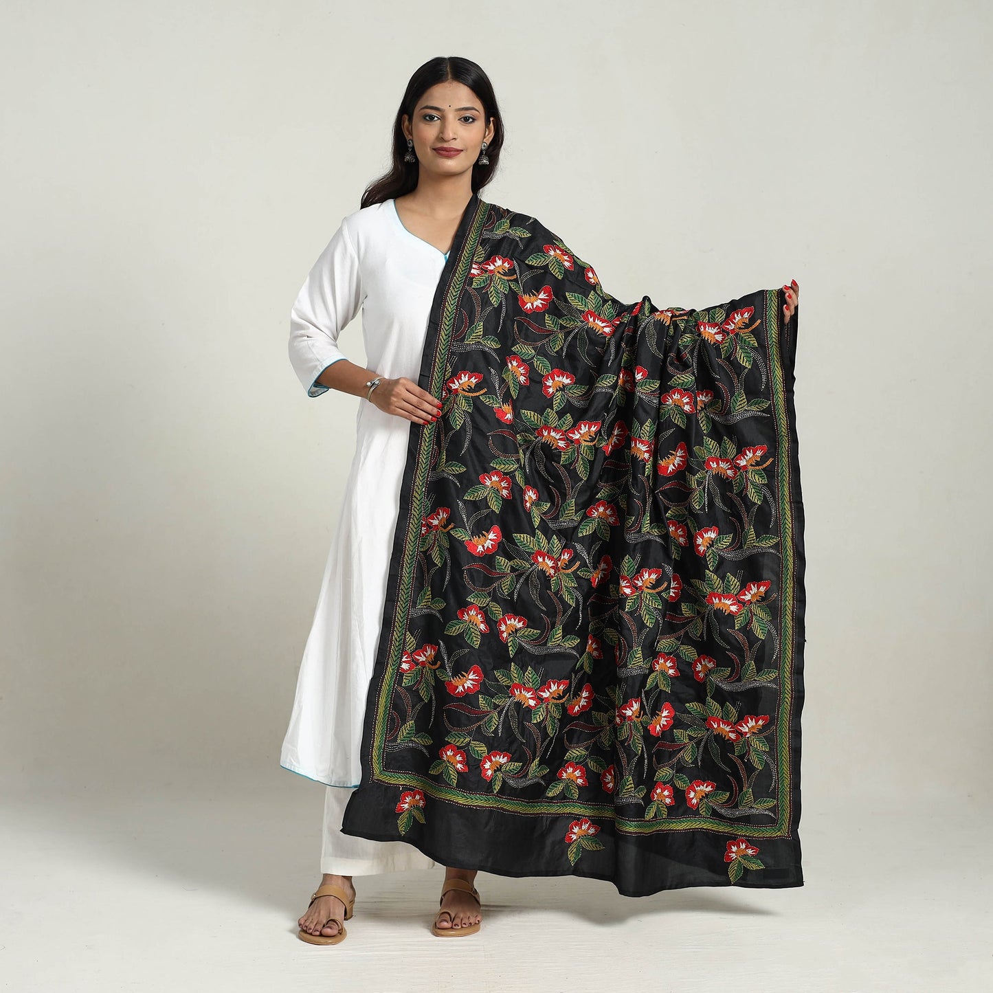 Black - pure silk bengal kantha embroidery dupatta 25