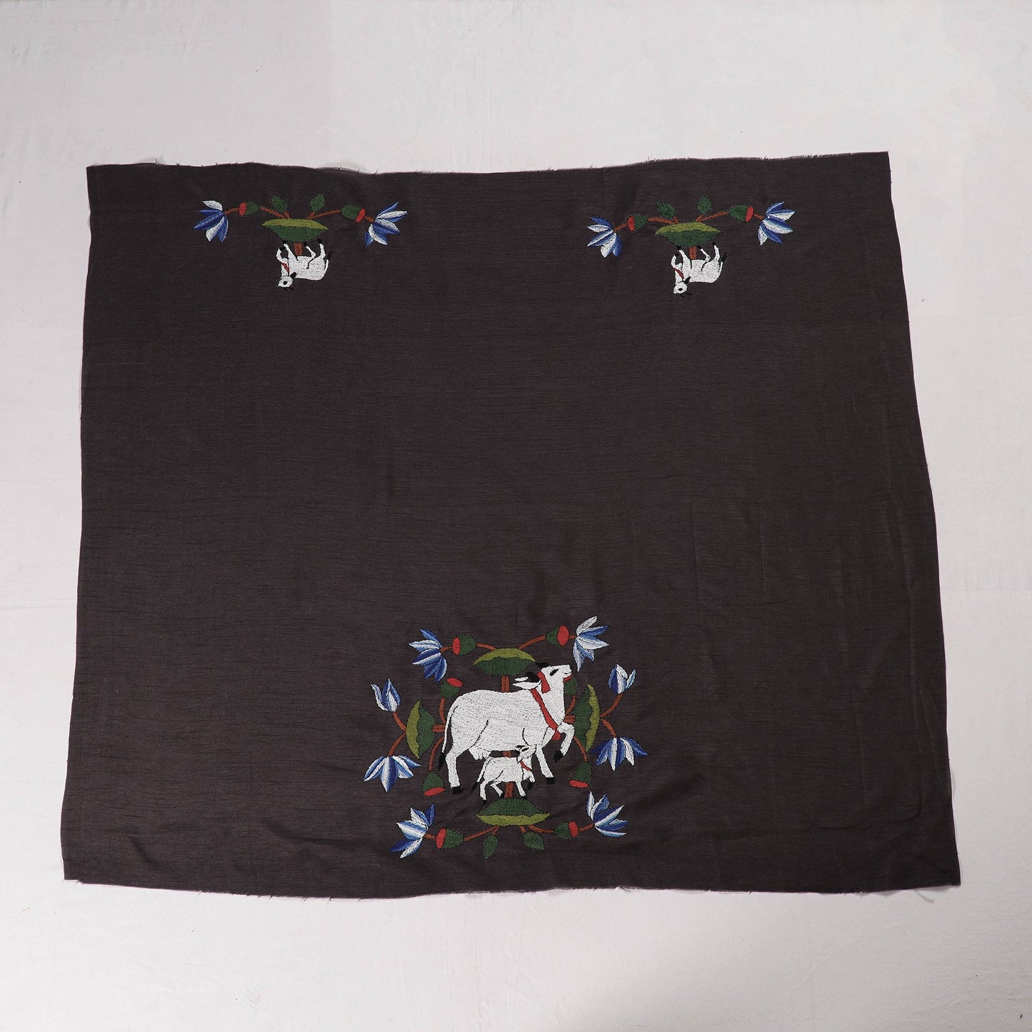 Black Bengal Kantha Embroidery Raw Silk Blouse Piece